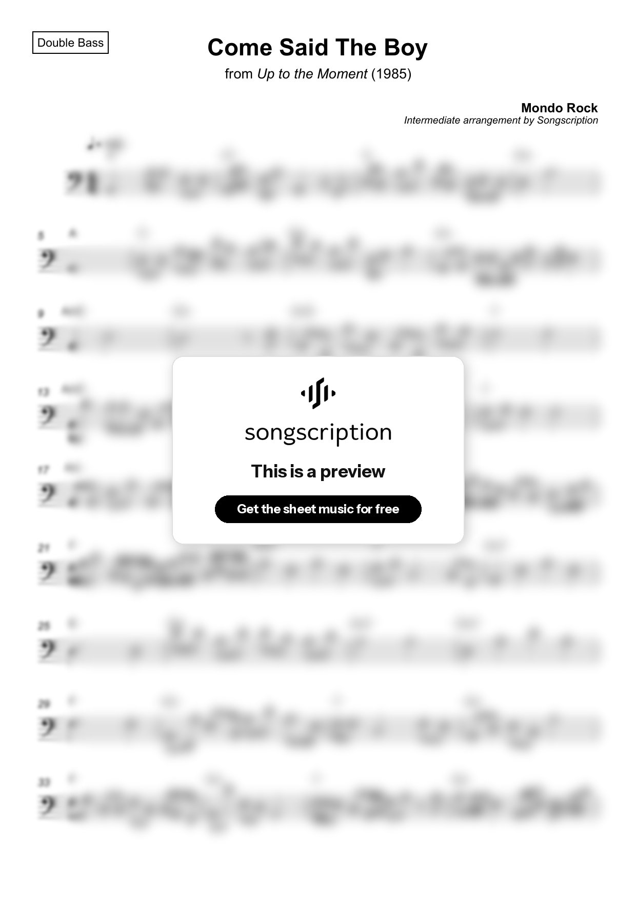 Intermediate Double Bass Sheet Music for "Come Said The Boy" by Mondo Rock