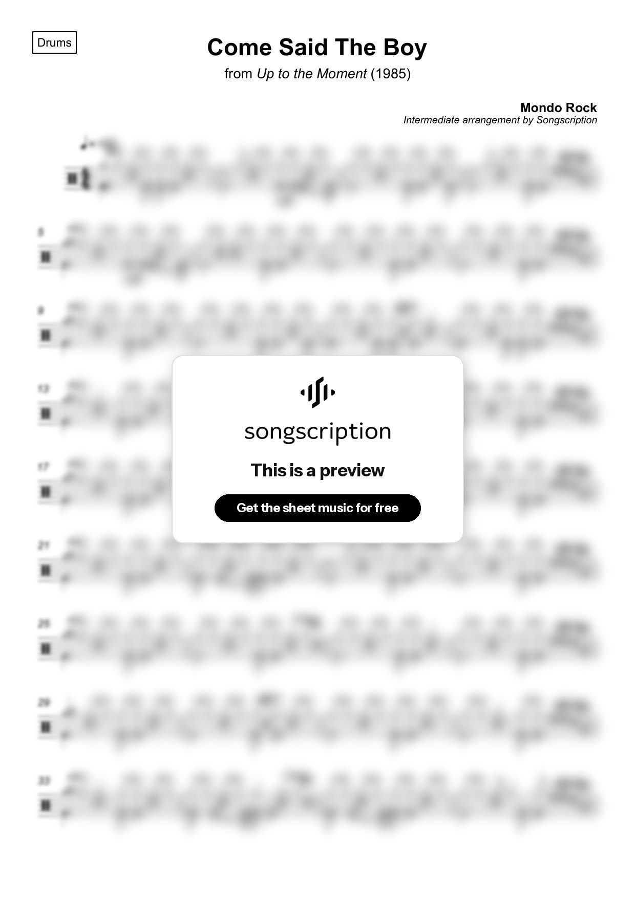 Intermediate Drums Sheet Music for "Come Said The Boy" by Mondo Rock