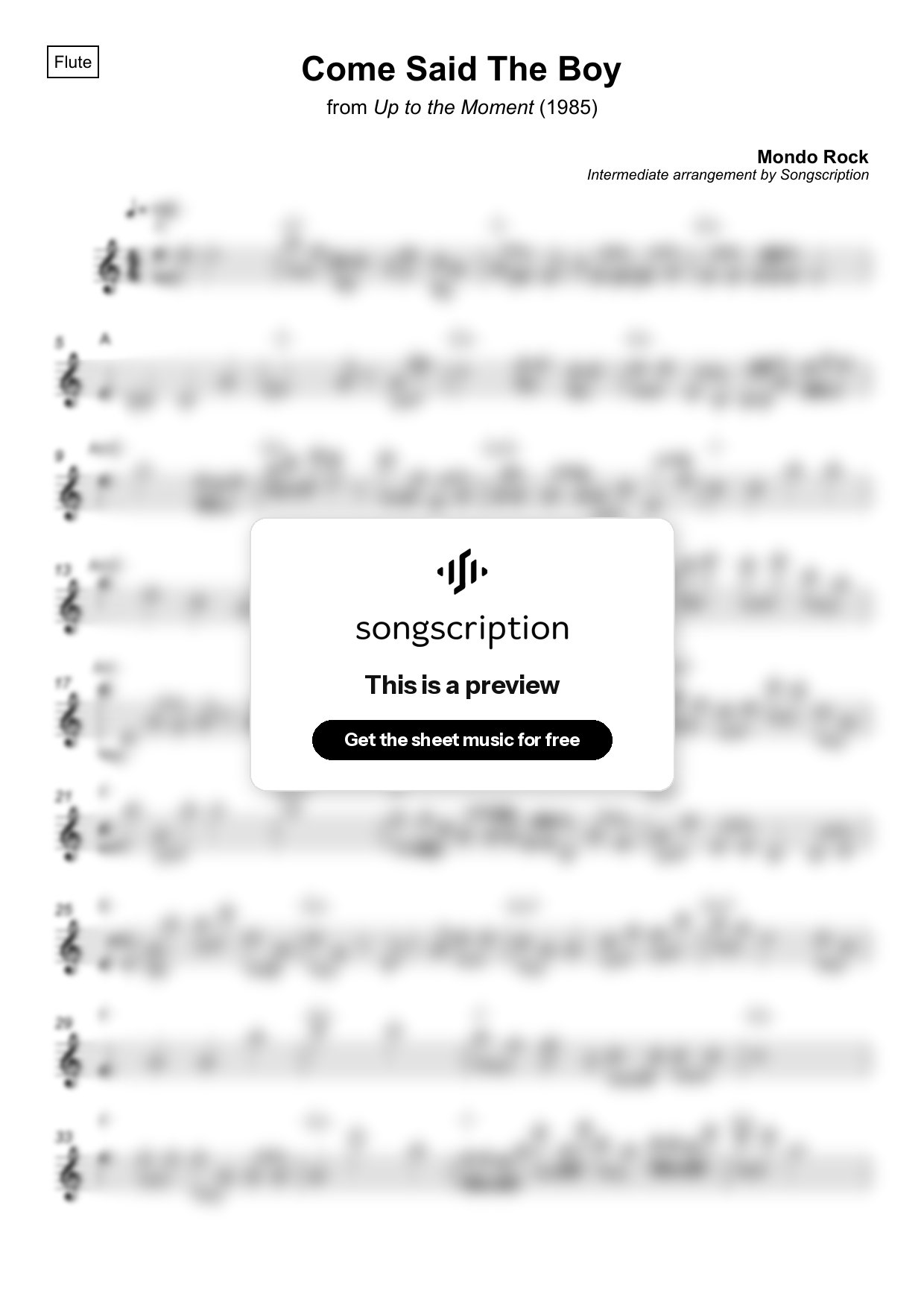 Intermediate Flute Sheet Music for "Come Said The Boy" by Mondo Rock