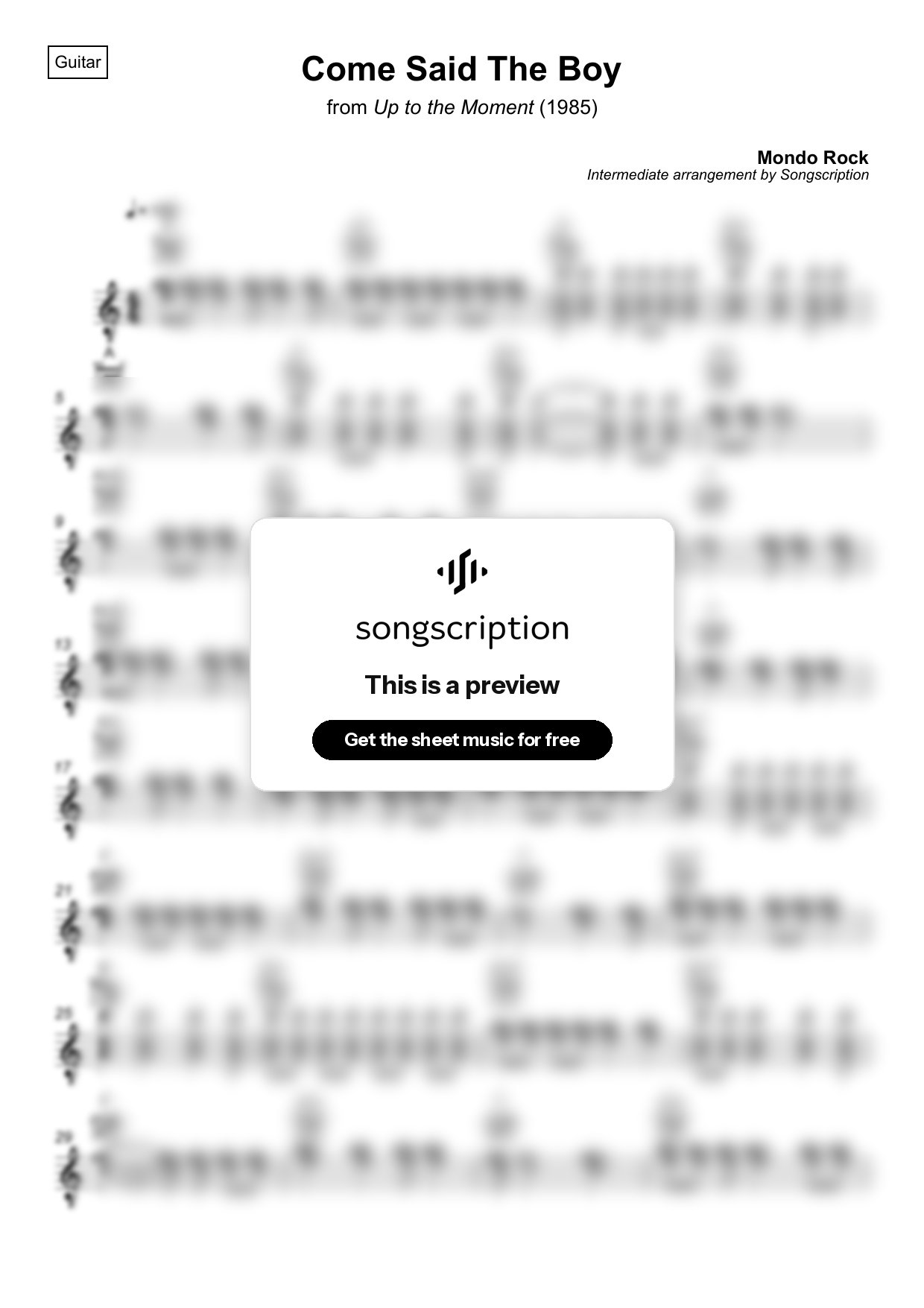 Intermediate Acoustic Guitar Sheet Music for "Come Said The Boy" by Mondo Rock