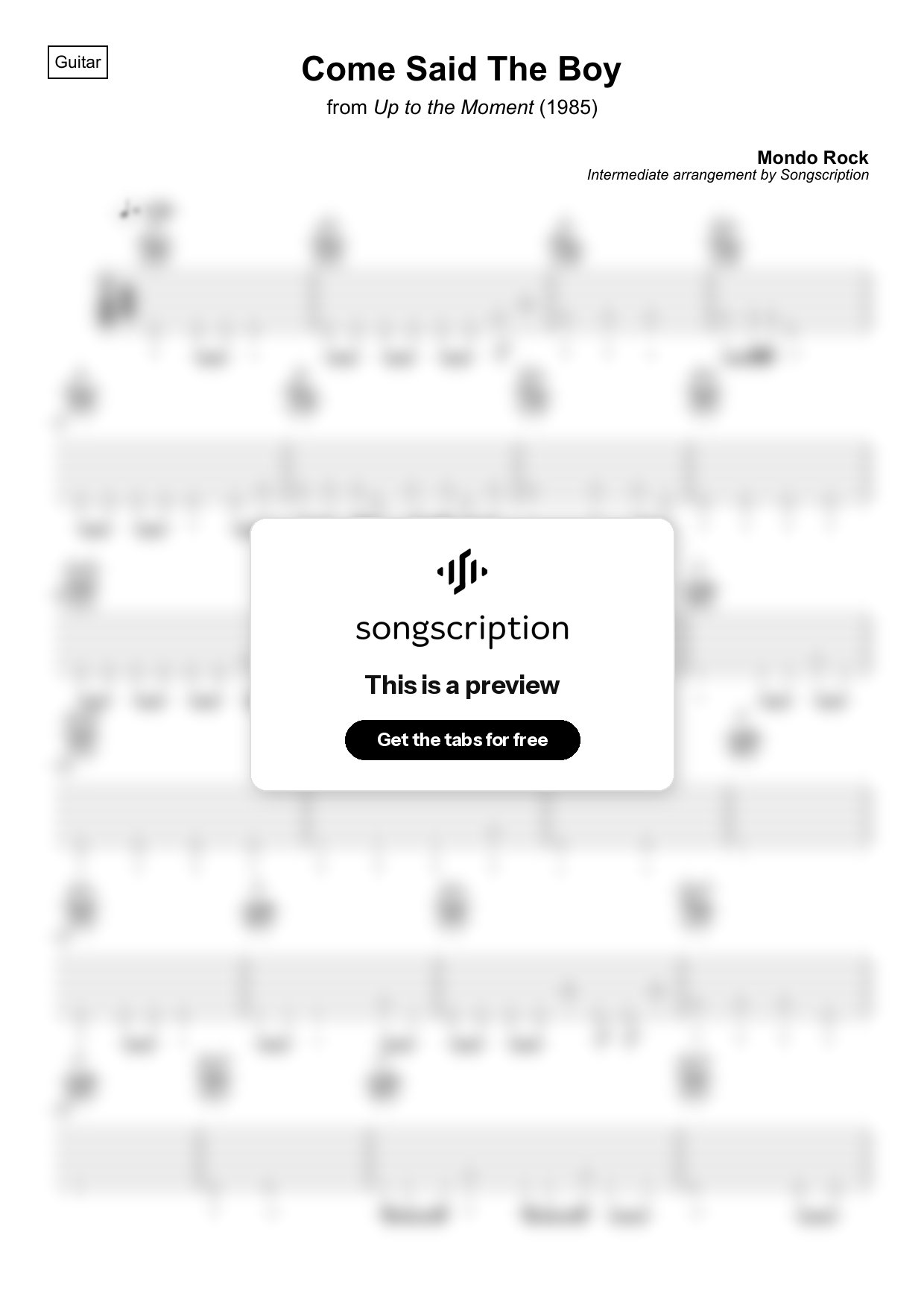 Intermediate Acoustic Guitar Tabs for "Come Said The Boy" by Mondo Rock