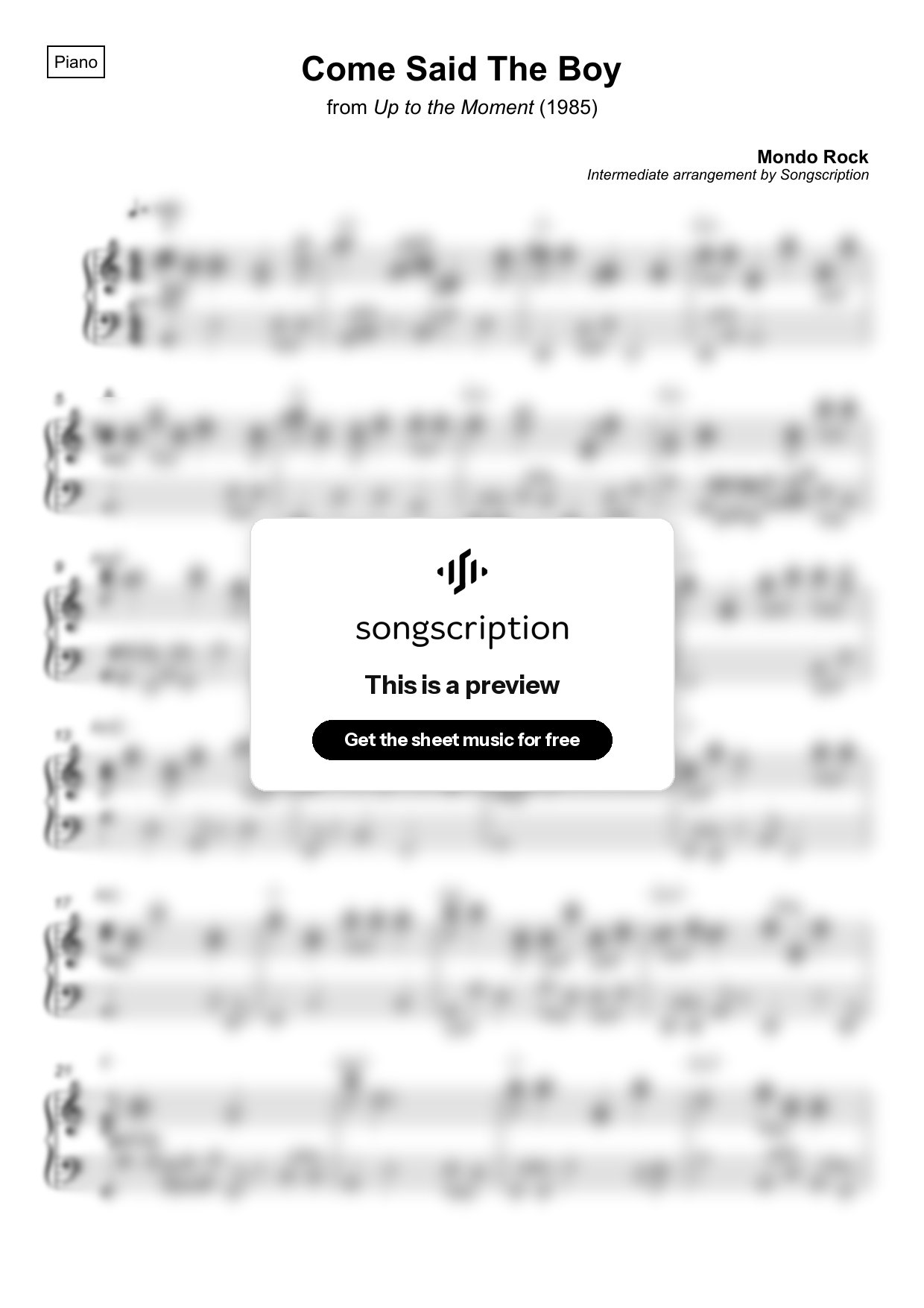 Intermediate Piano Sheet Music for "Come Said The Boy" by Mondo Rock