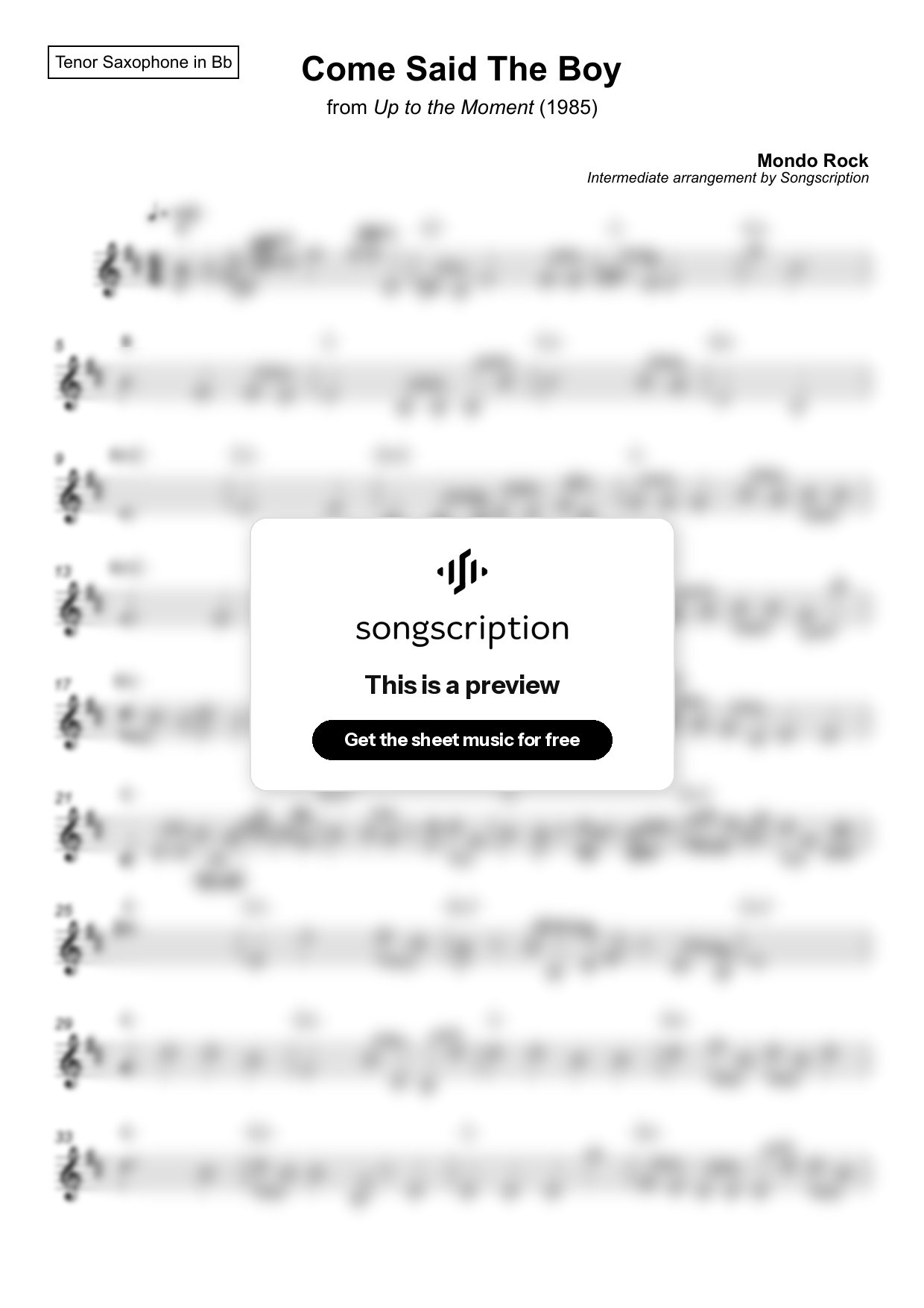 Intermediate Tenor Sax Sheet Music for "Come Said The Boy" by Mondo Rock
