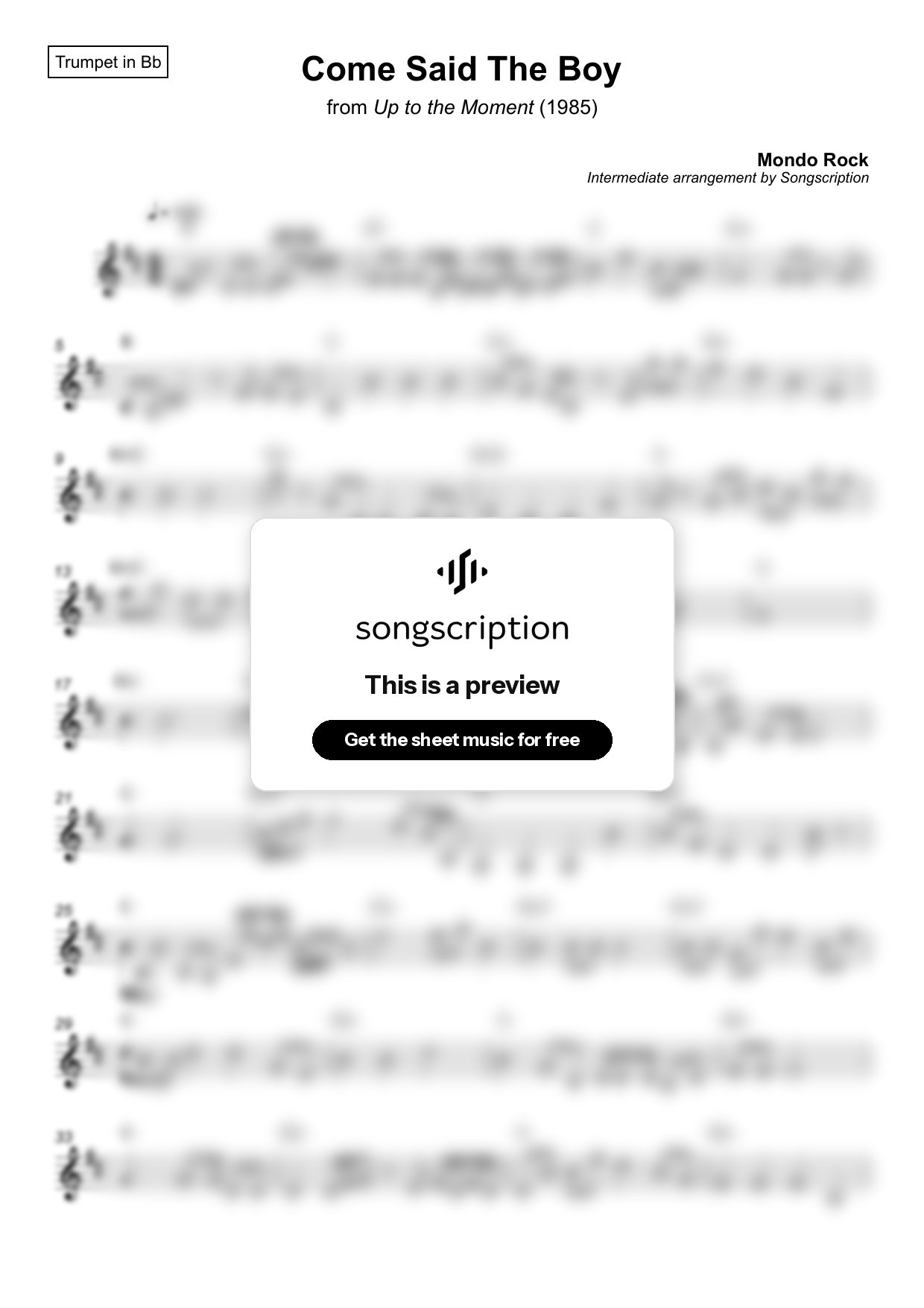 Intermediate Trumpet Sheet Music for "Come Said The Boy" by Mondo Rock