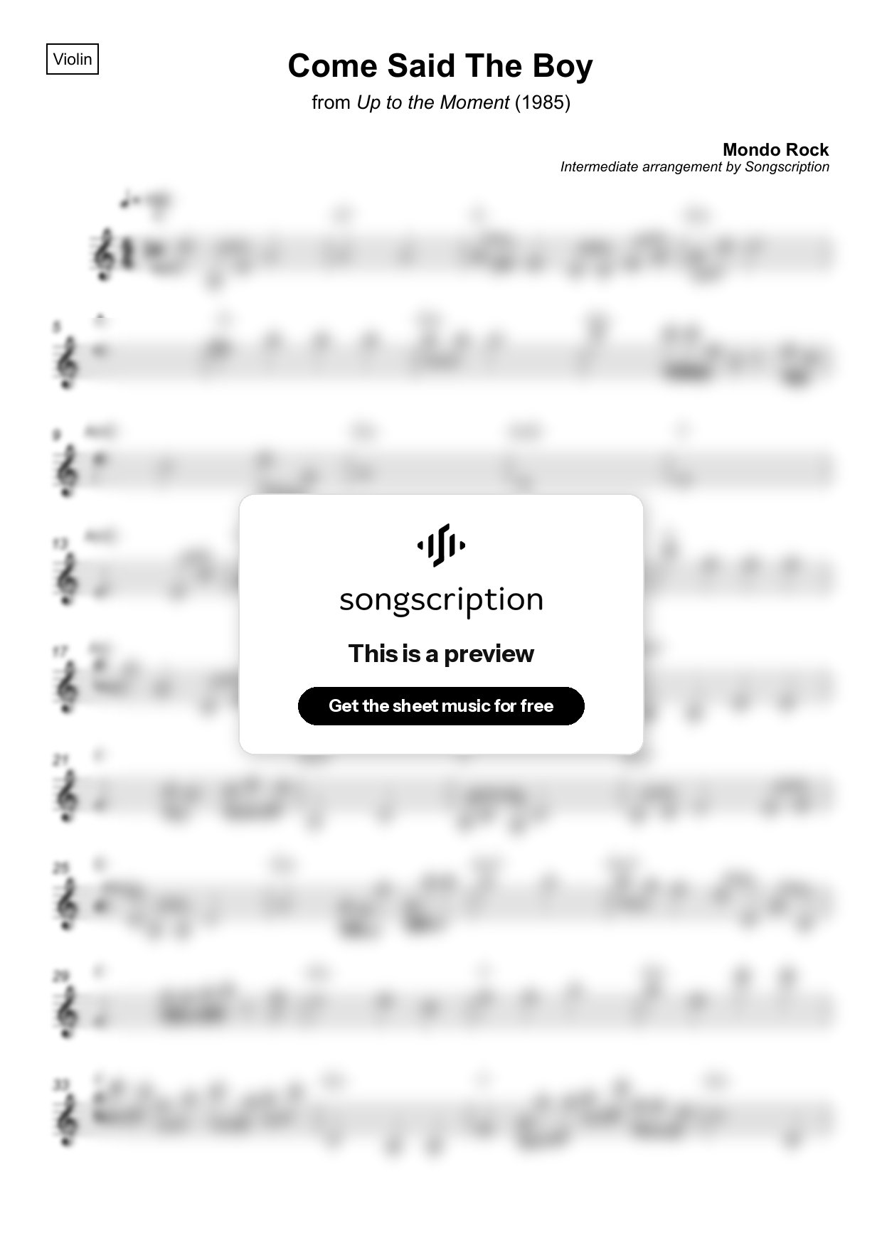 Intermediate Violin Sheet Music for "Come Said The Boy" by Mondo Rock