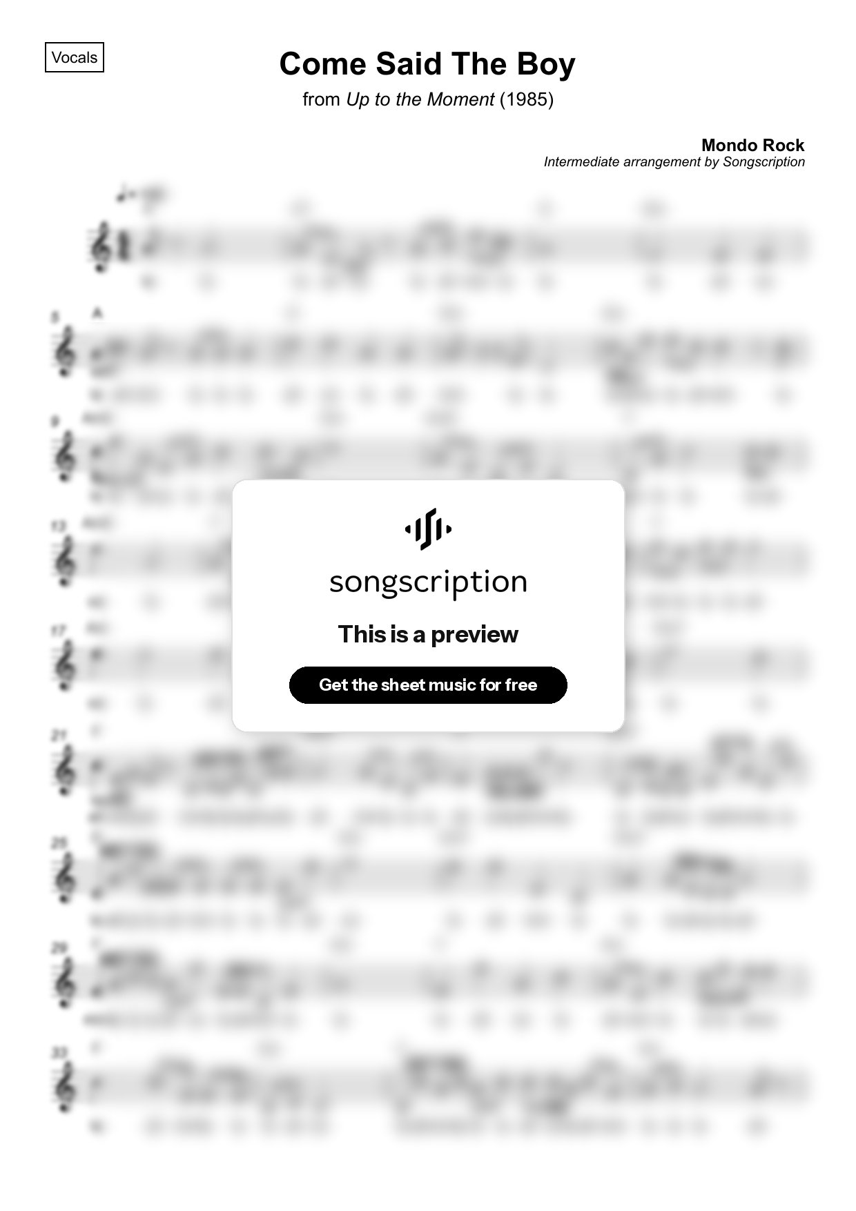 Intermediate Vocals Sheet Music for "Come Said The Boy" by Mondo Rock