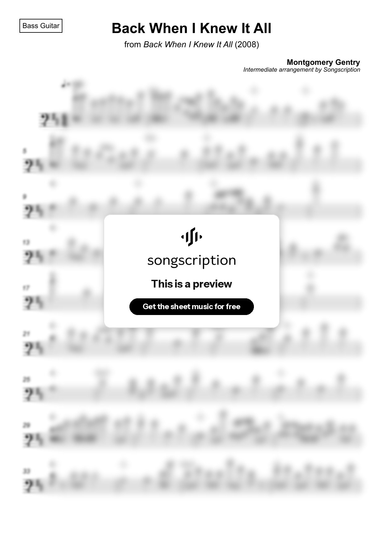 Intermediate Bass Guitar Sheet Music for "Back When I Knew It All" by Montgomery Gentry