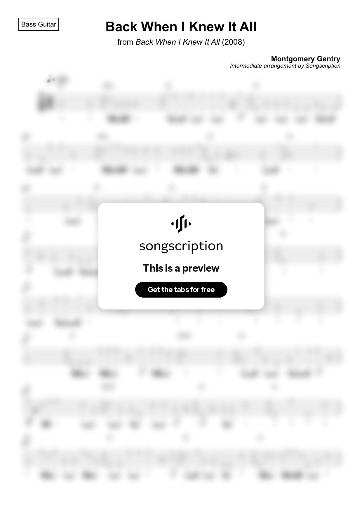 Intermediate Bass Guitar Tabs for "Back When I Knew It All" by Montgomery Gentry