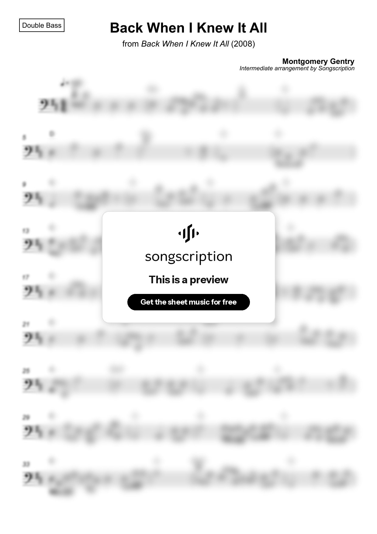 Intermediate Double Bass Sheet Music for "Back When I Knew It All" by Montgomery Gentry