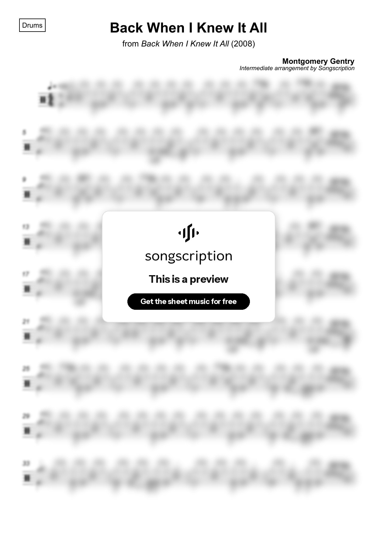 Intermediate Drums Sheet Music for "Back When I Knew It All" by Montgomery Gentry