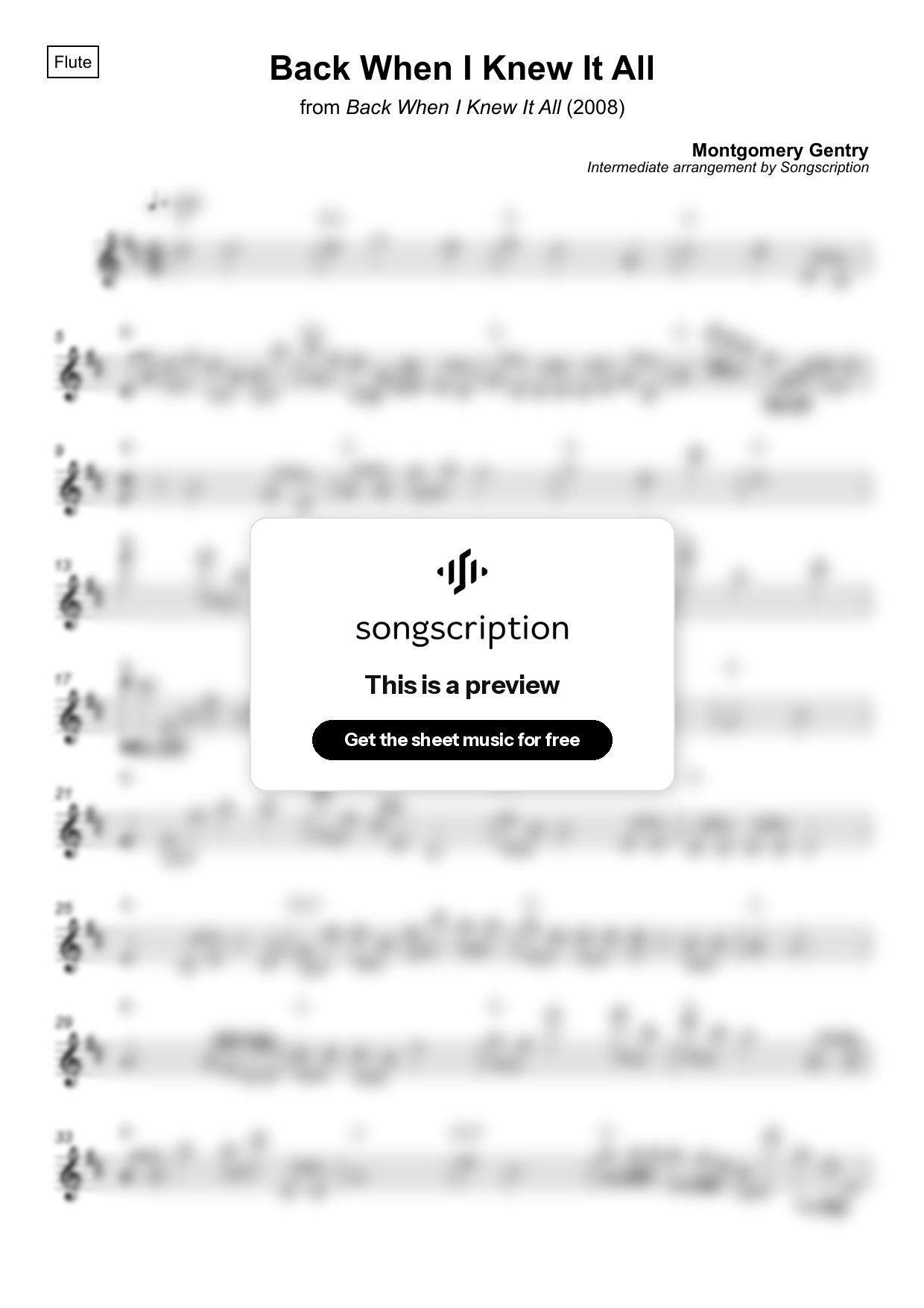 Intermediate Flute Sheet Music for "Back When I Knew It All" by Montgomery Gentry