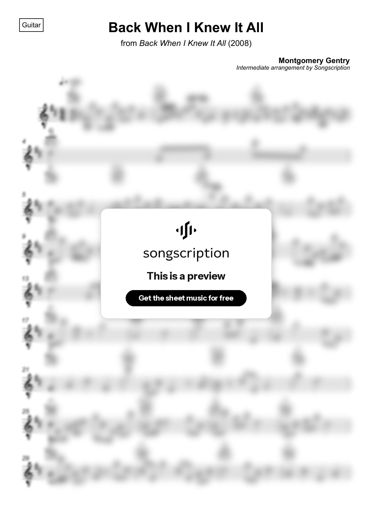 Intermediate Acoustic Guitar Sheet Music for "Back When I Knew It All" by Montgomery Gentry