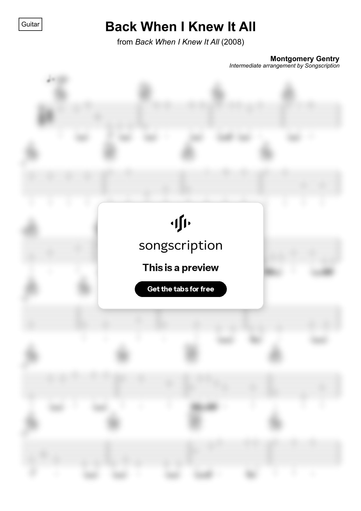 Intermediate Acoustic Guitar Tabs for "Back When I Knew It All" by Montgomery Gentry