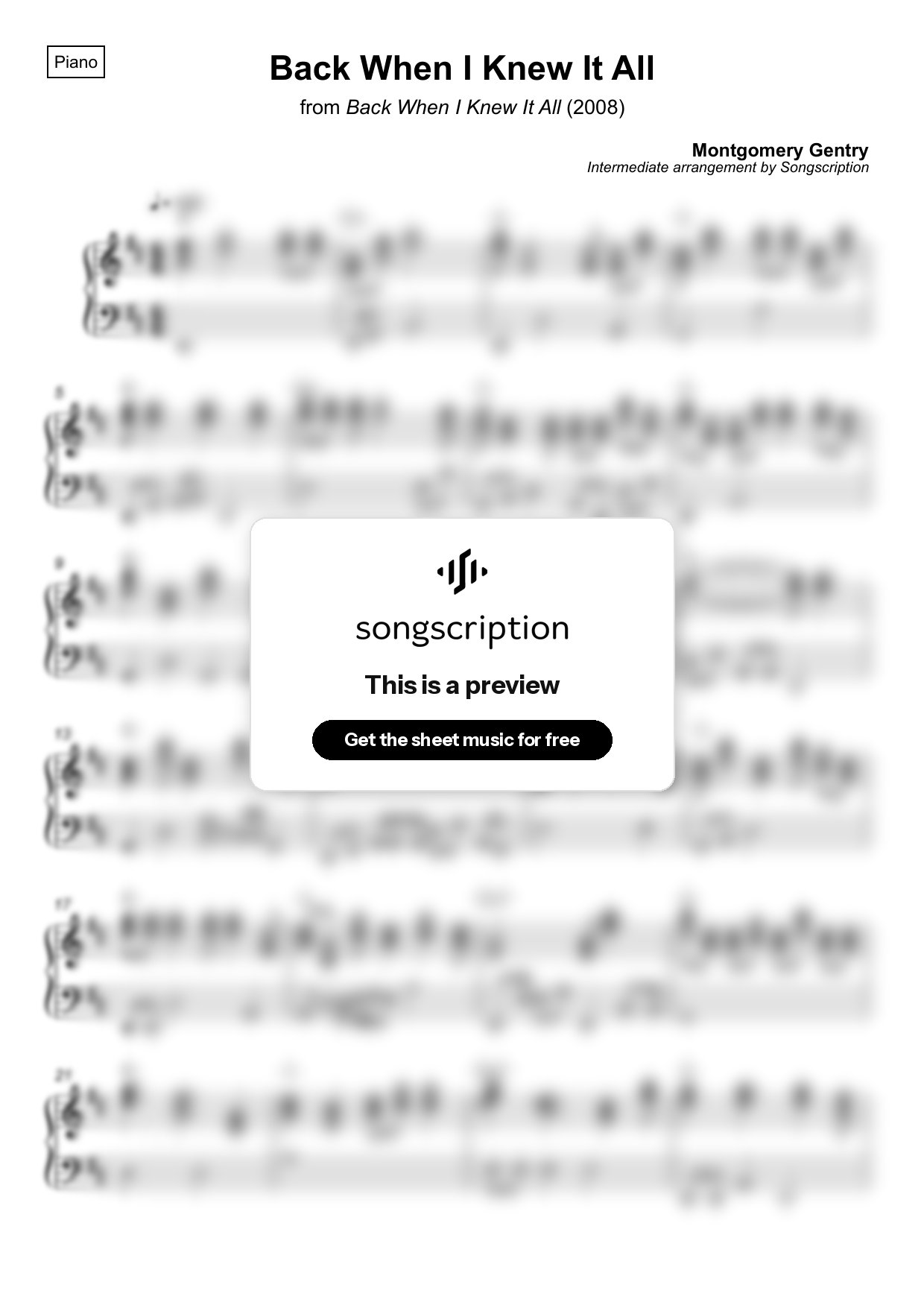 Intermediate Piano Sheet Music for "Back When I Knew It All" by Montgomery Gentry