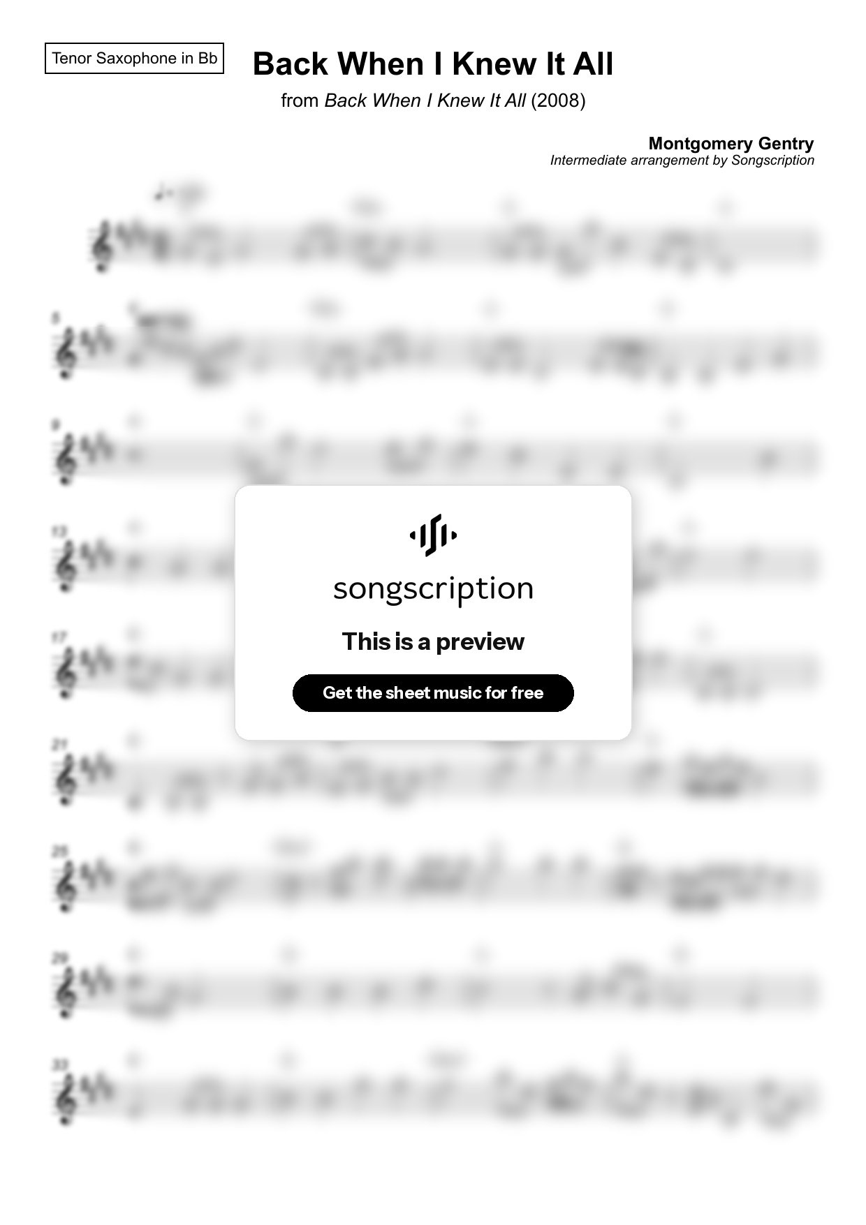 Intermediate Tenor Sax Sheet Music for "Back When I Knew It All" by Montgomery Gentry