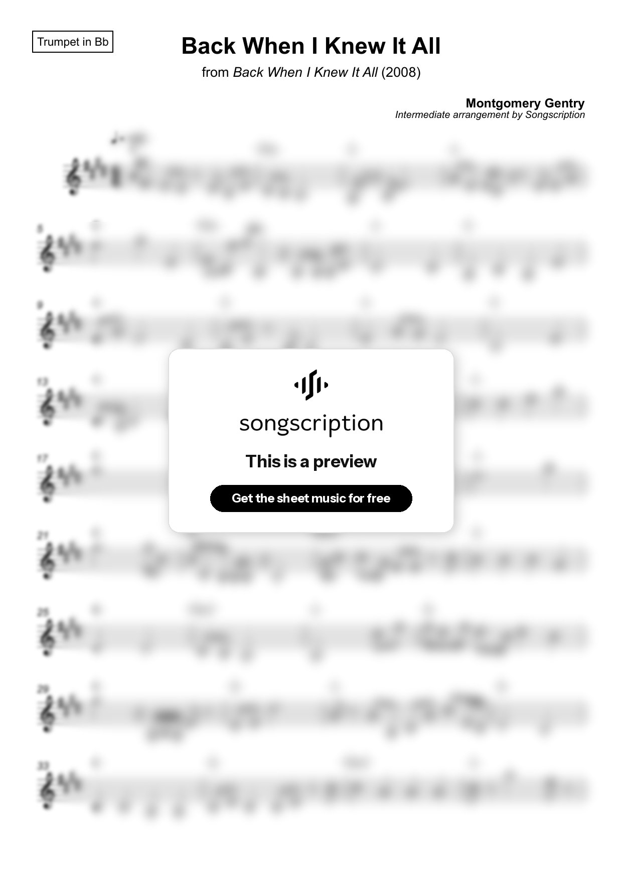Intermediate Trumpet Sheet Music for "Back When I Knew It All" by Montgomery Gentry