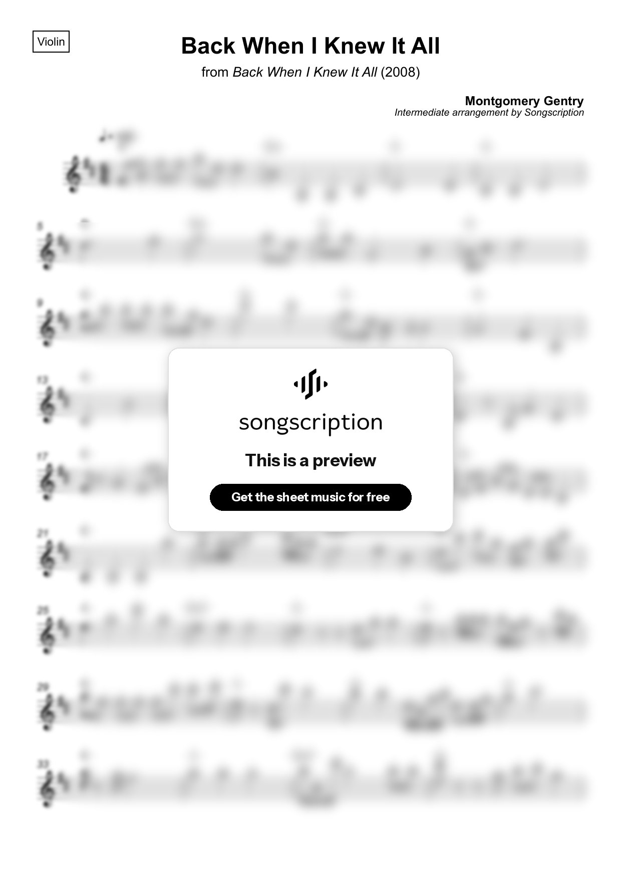 Intermediate Violin Sheet Music for "Back When I Knew It All" by Montgomery Gentry
