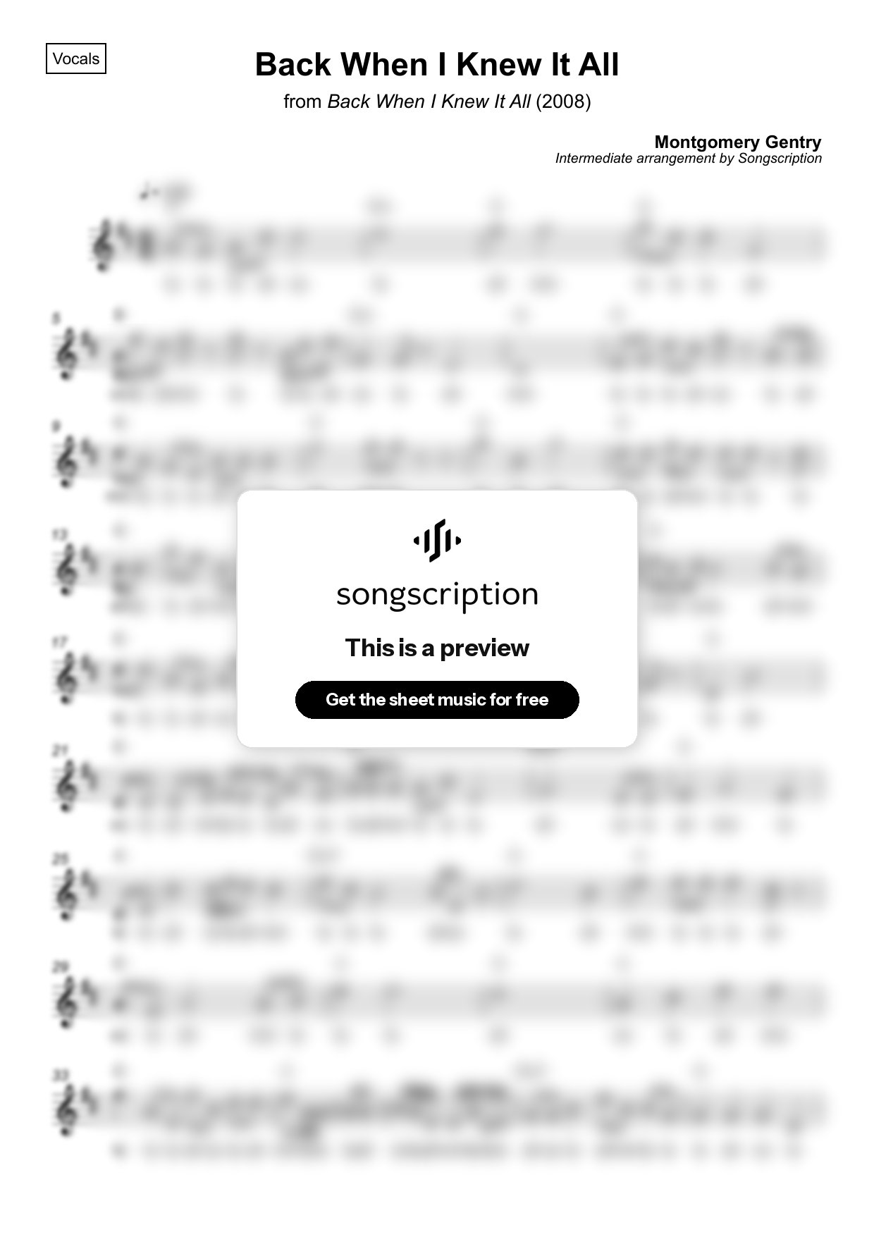 Intermediate Vocals Sheet Music for "Back When I Knew It All" by Montgomery Gentry