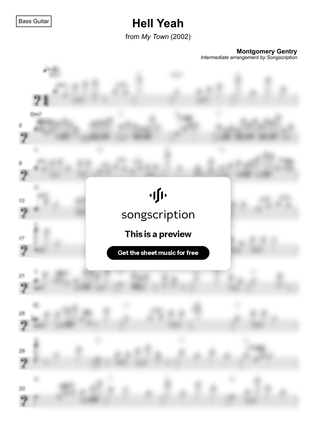 Intermediate Bass Guitar Sheet Music for "Hell Yeah" by Montgomery Gentry