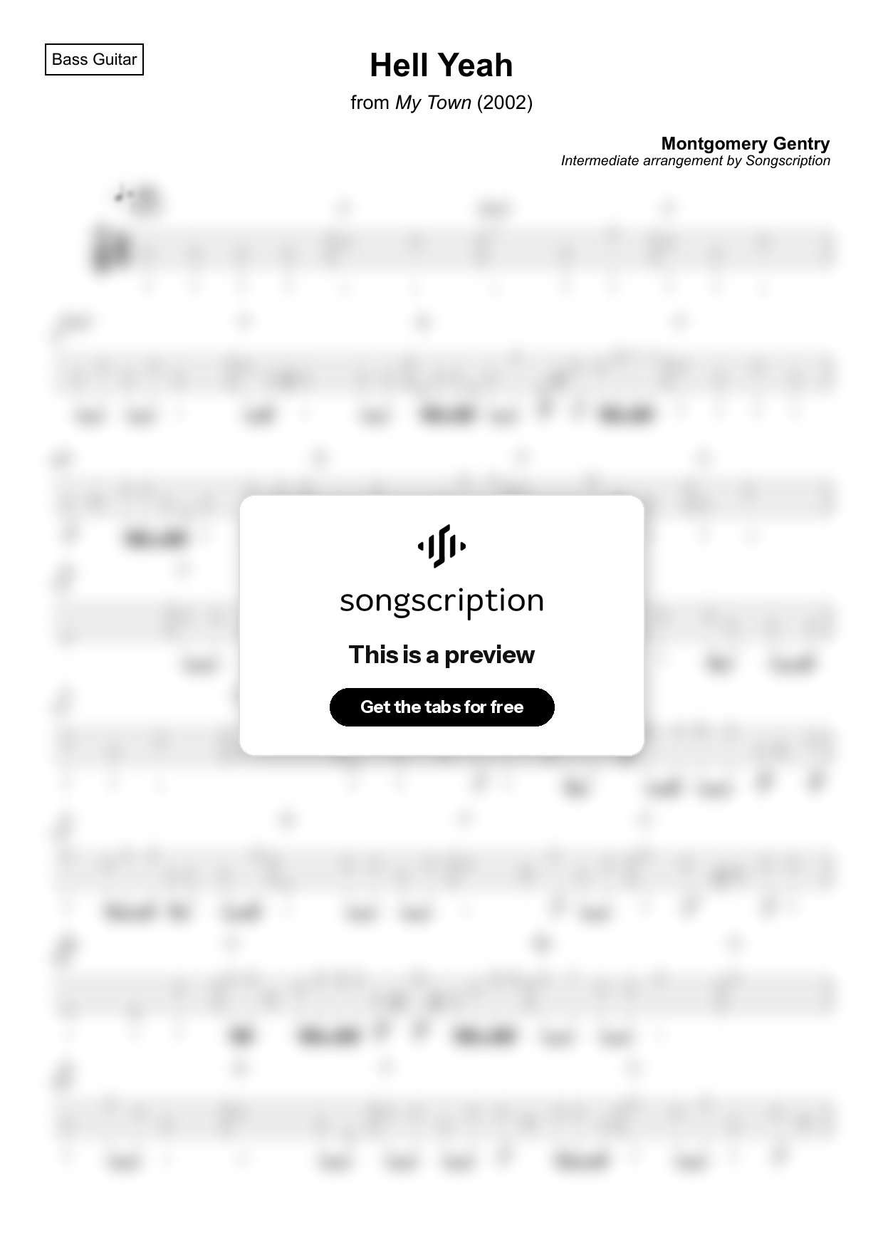Intermediate Bass Guitar Tabs for "Hell Yeah" by Montgomery Gentry