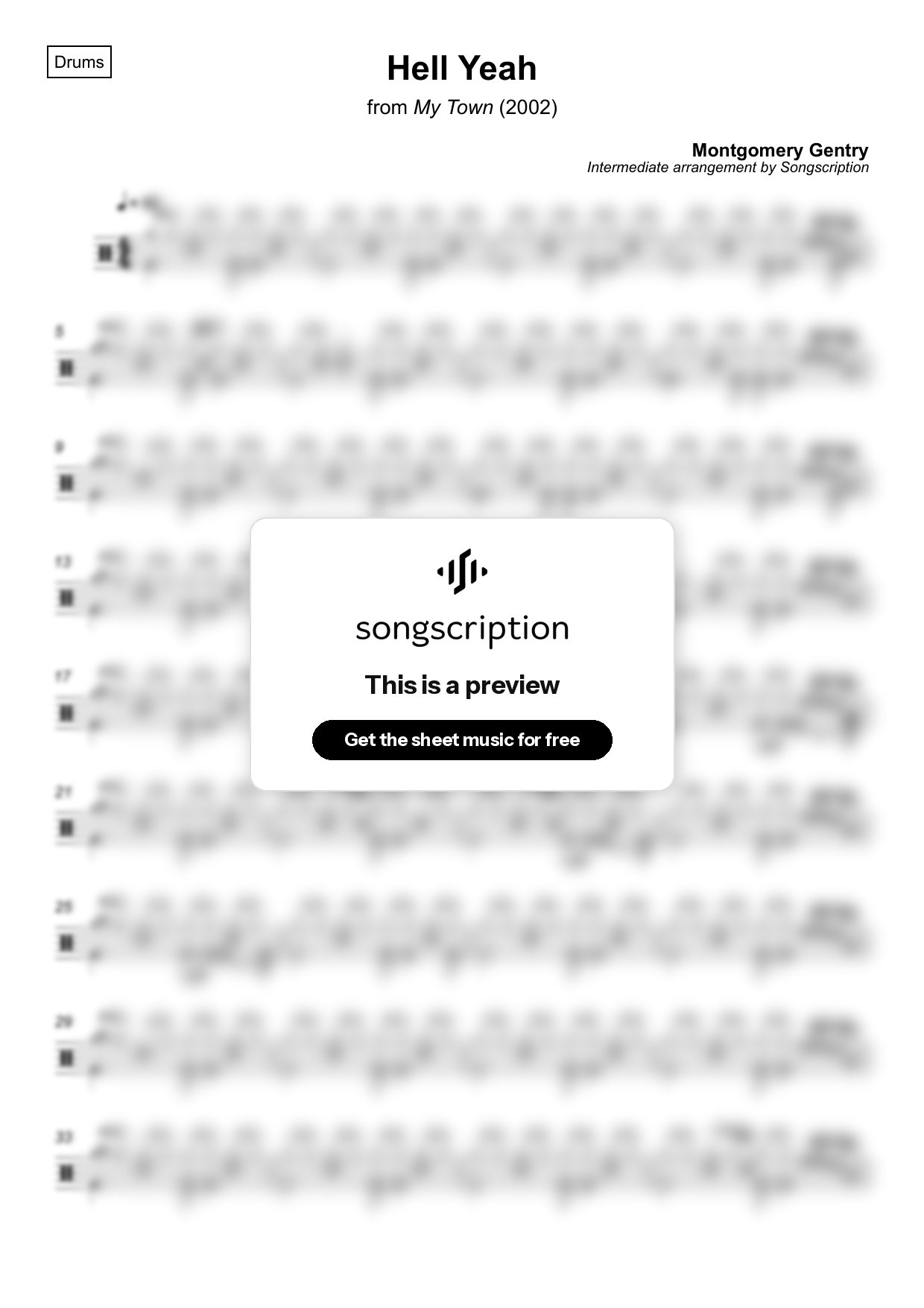 Intermediate Drums Sheet Music for "Hell Yeah" by Montgomery Gentry