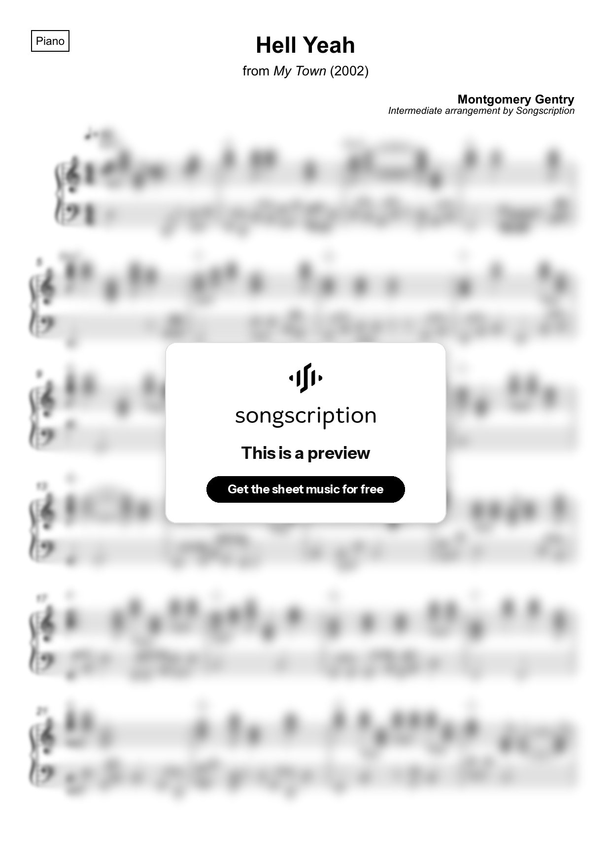 Intermediate Piano Sheet Music for "Hell Yeah" by Montgomery Gentry
