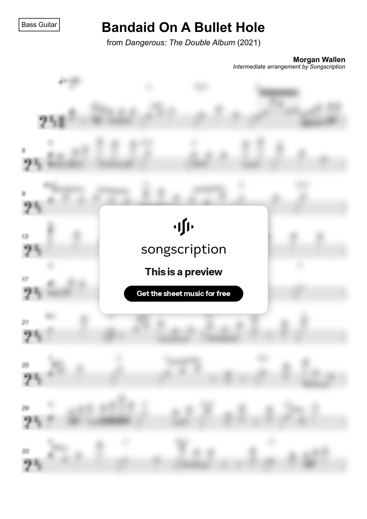 Intermediate Bass Guitar Sheet Music for "Bandaid On A Bullet Hole" by Morgan Wallen