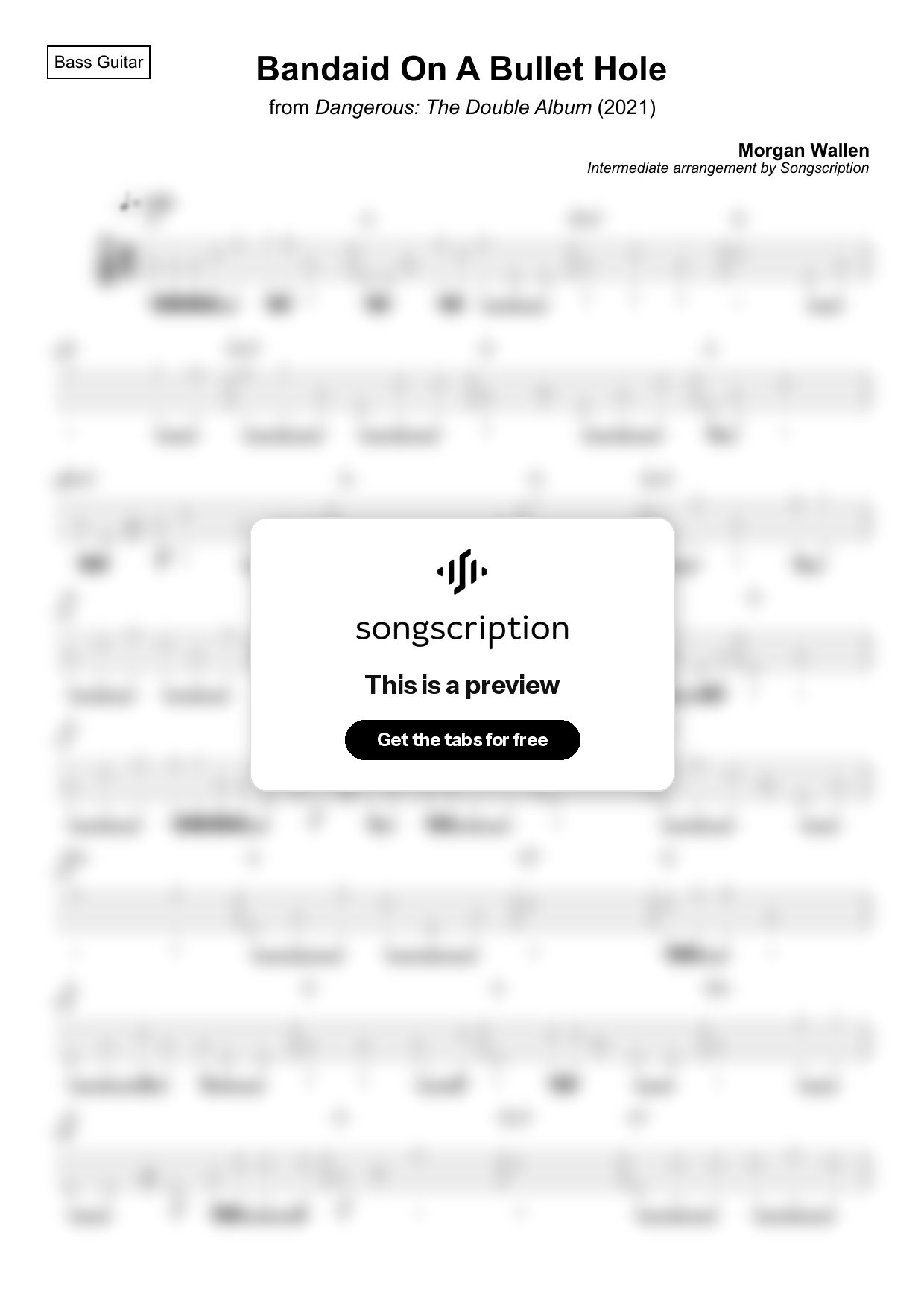 Intermediate Bass Guitar Tabs for "Bandaid On A Bullet Hole" by Morgan Wallen