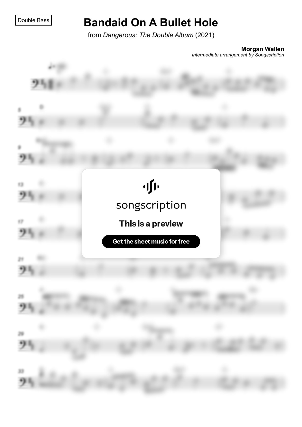 Intermediate Double Bass Sheet Music for "Bandaid On A Bullet Hole" by Morgan Wallen
