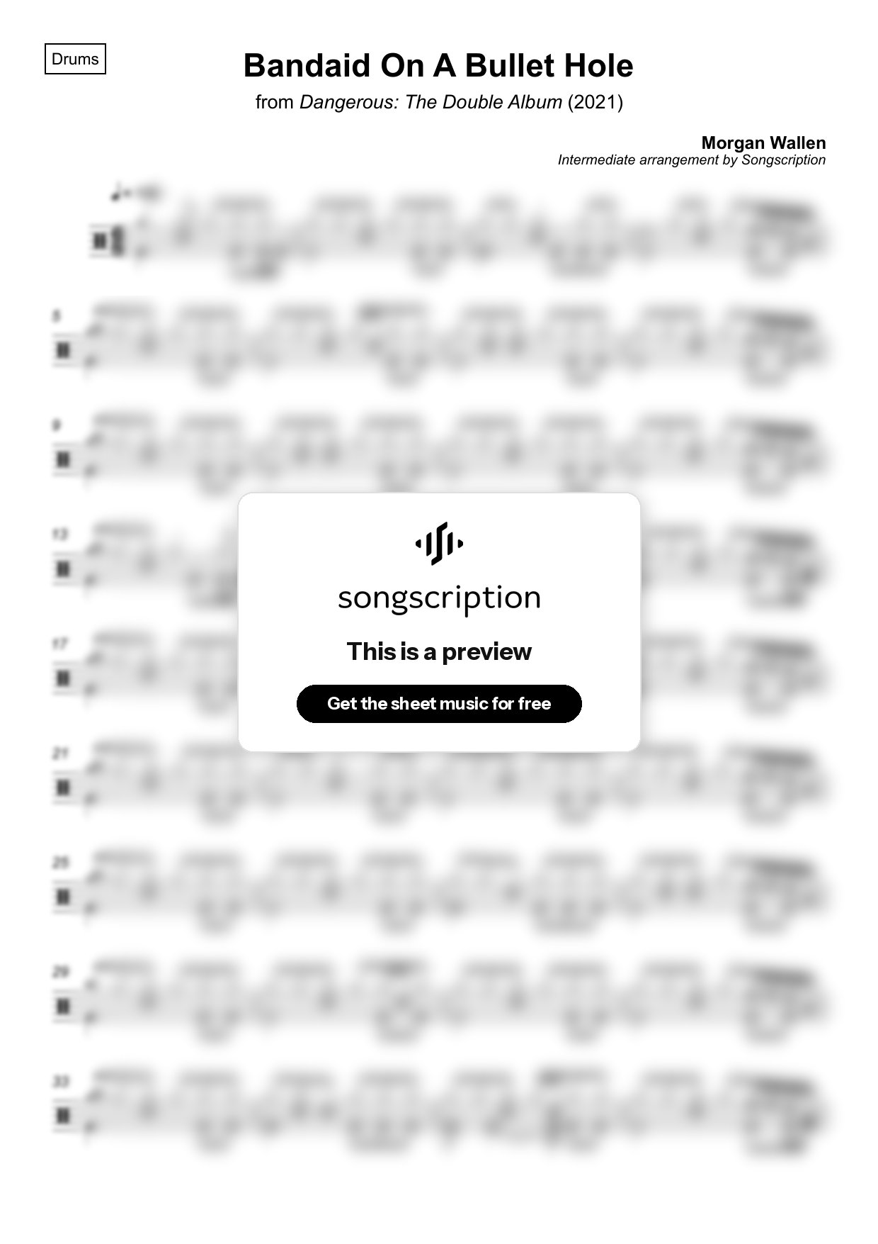 Intermediate Drums Sheet Music for "Bandaid On A Bullet Hole" by Morgan Wallen