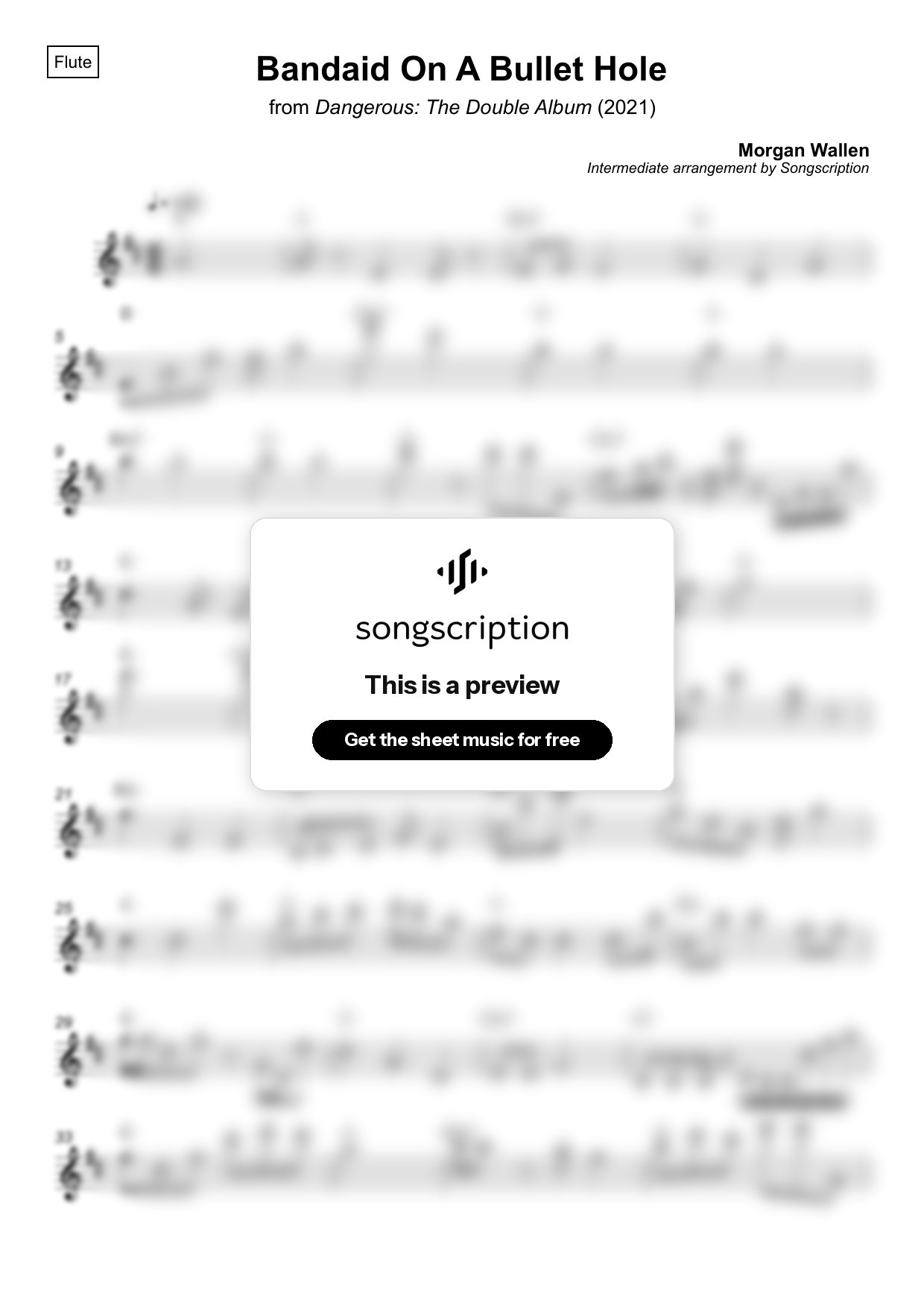Intermediate Flute Sheet Music for "Bandaid On A Bullet Hole" by Morgan Wallen