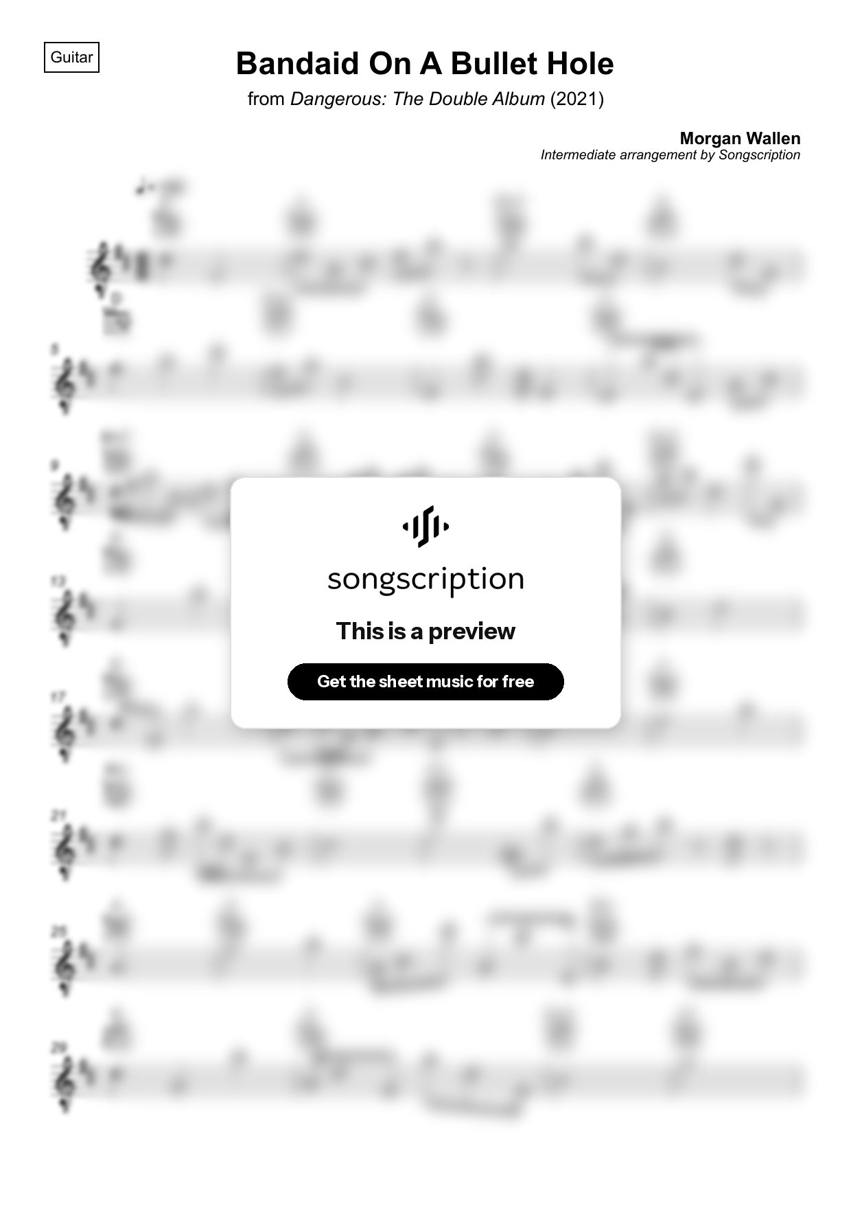Intermediate Acoustic Guitar Sheet Music for "Bandaid On A Bullet Hole" by Morgan Wallen