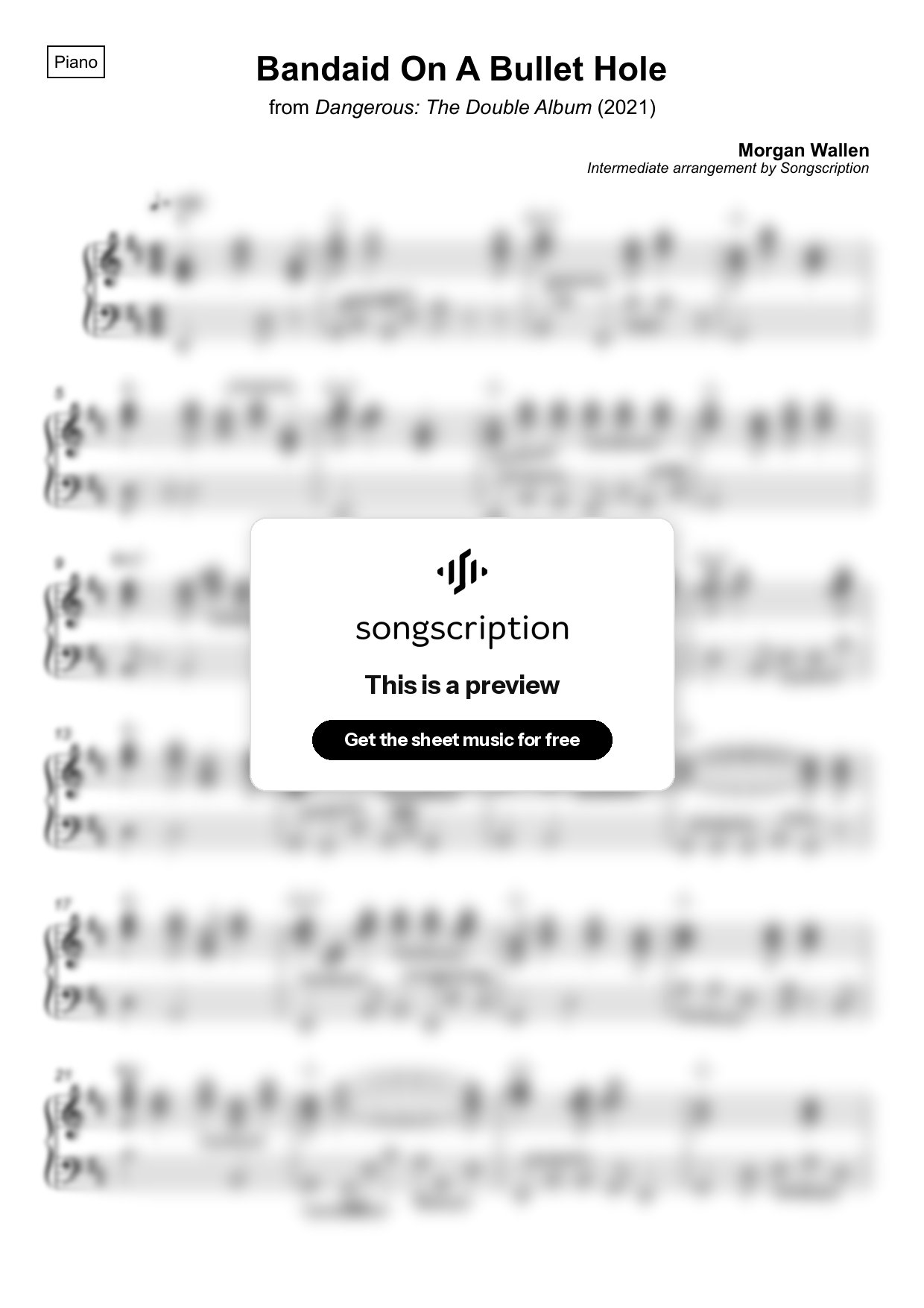 Intermediate Piano Sheet Music for "Bandaid On A Bullet Hole" by Morgan Wallen