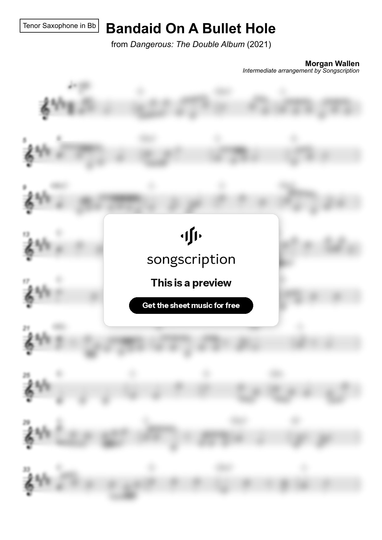 Intermediate Tenor Sax Sheet Music for "Bandaid On A Bullet Hole" by Morgan Wallen