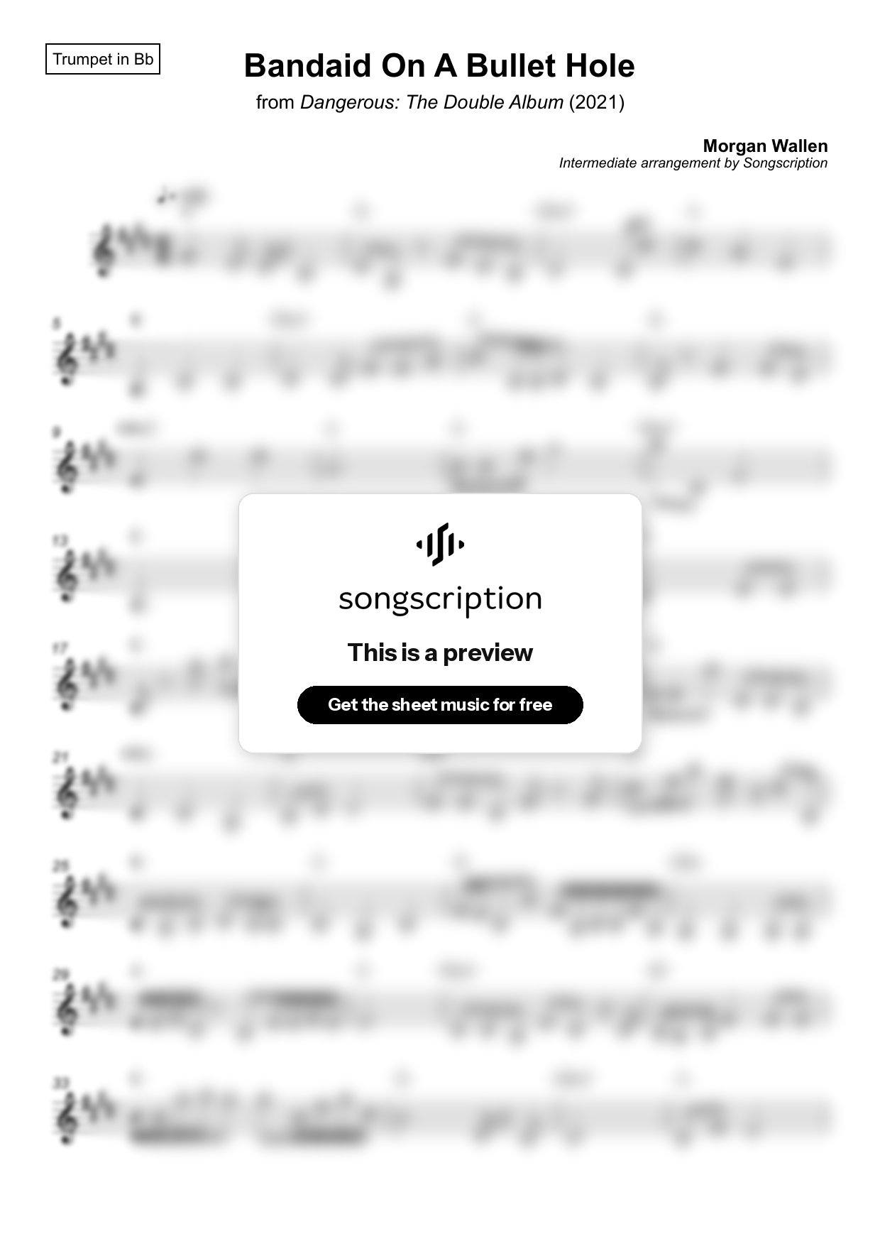 Intermediate Trumpet Sheet Music for "Bandaid On A Bullet Hole" by Morgan Wallen