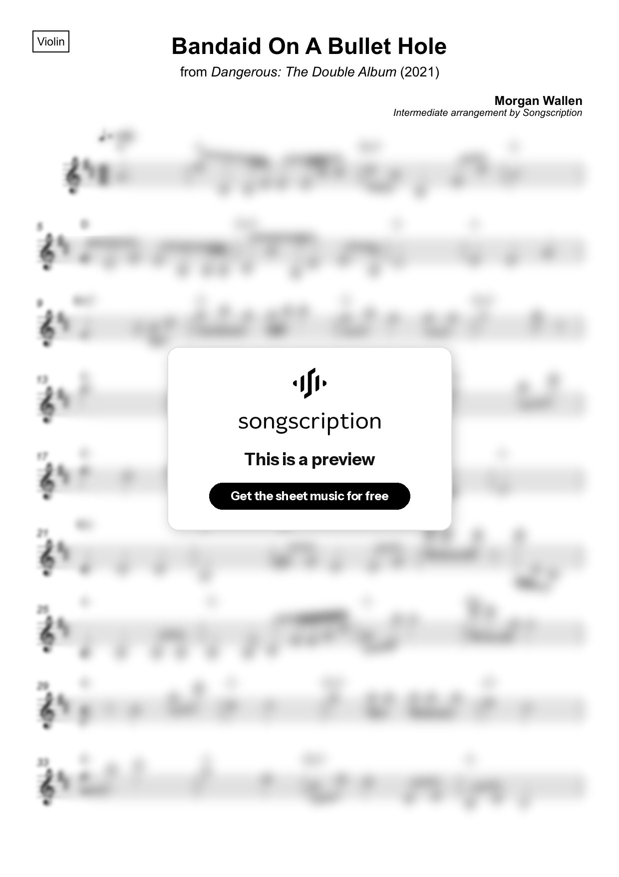Intermediate Violin Sheet Music for "Bandaid On A Bullet Hole" by Morgan Wallen
