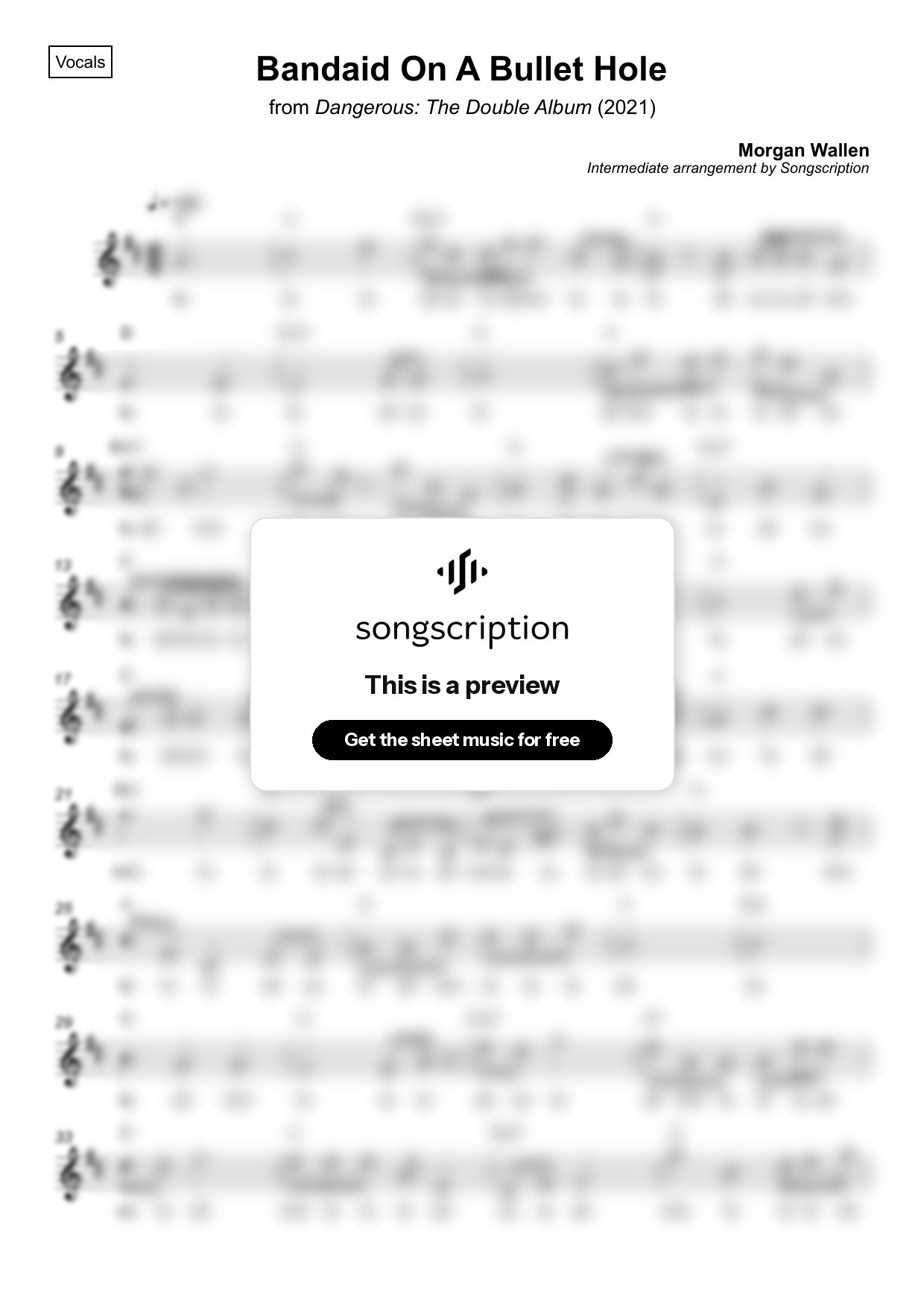 Intermediate Vocals Sheet Music for "Bandaid On A Bullet Hole" by Morgan Wallen