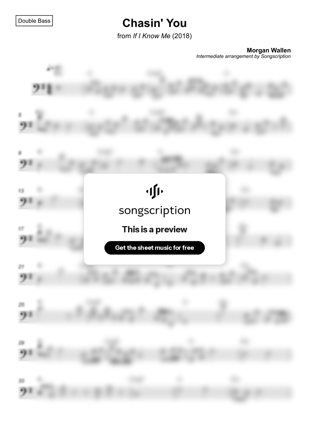Intermediate Double Bass Sheet Music for "Chasin' You" by Morgan Wallen
