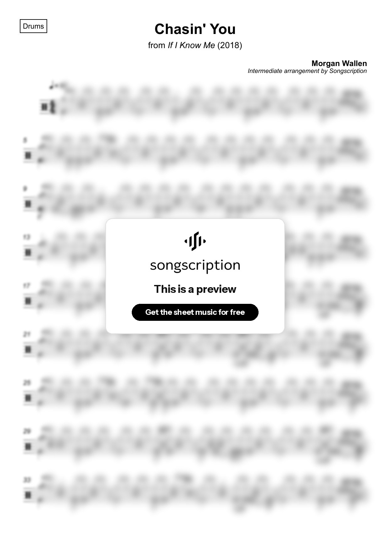 Intermediate Drums Sheet Music for "Chasin' You" by Morgan Wallen