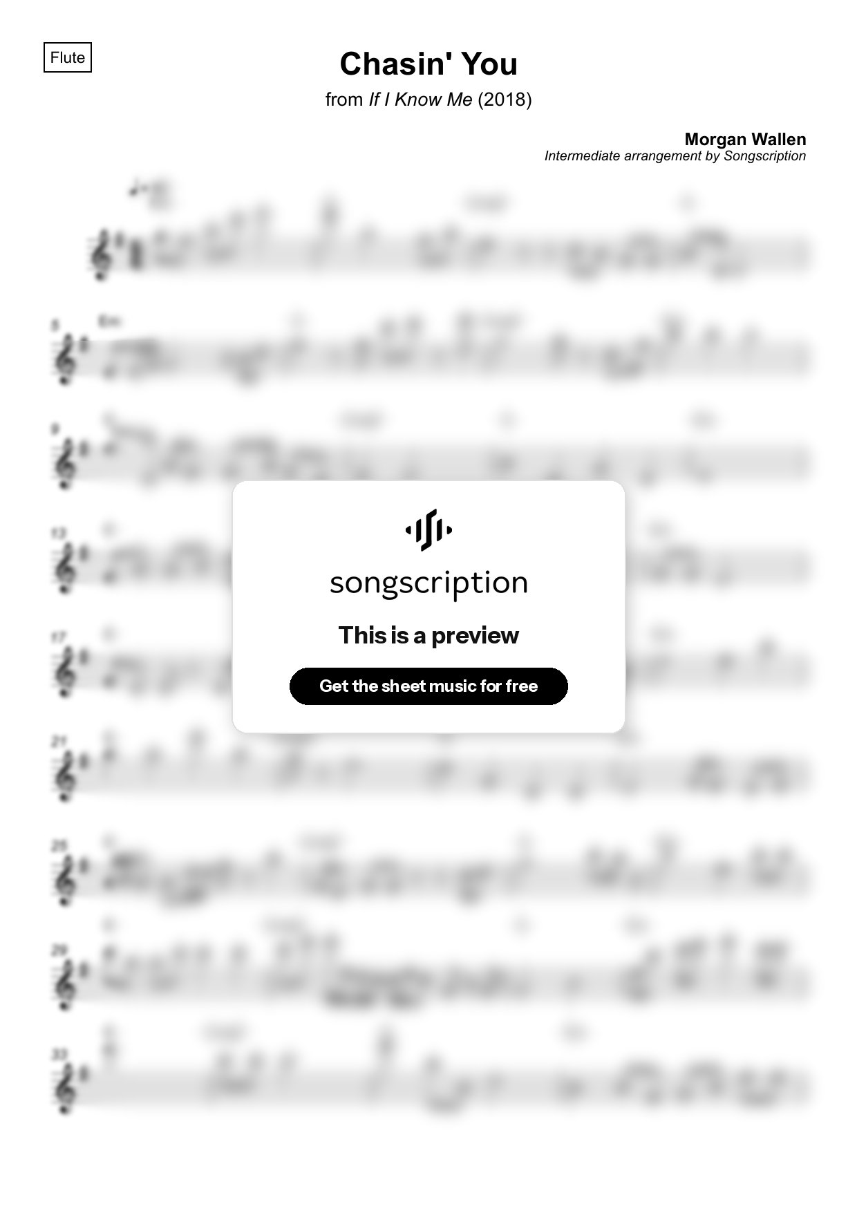 Intermediate Flute Sheet Music for "Chasin' You" by Morgan Wallen