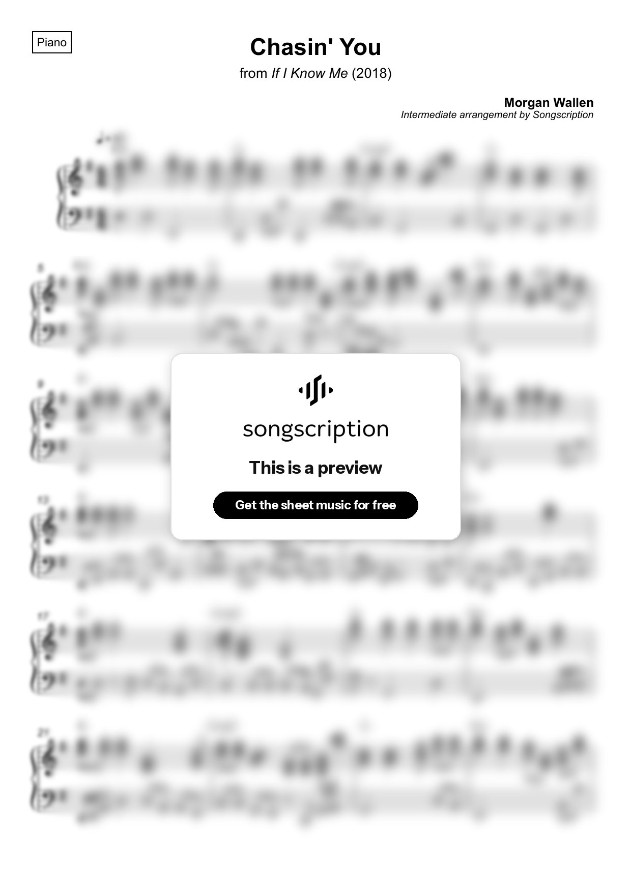 Intermediate Piano Sheet Music for "Chasin' You" by Morgan Wallen