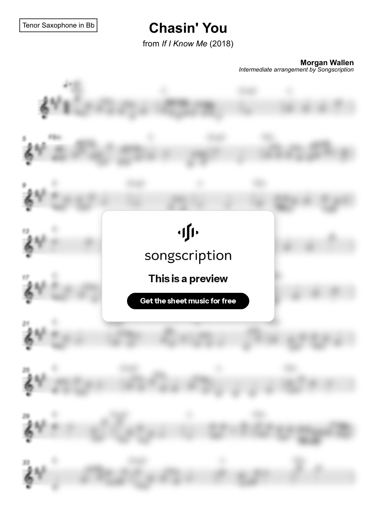 Intermediate Tenor Sax Sheet Music for "Chasin' You" by Morgan Wallen