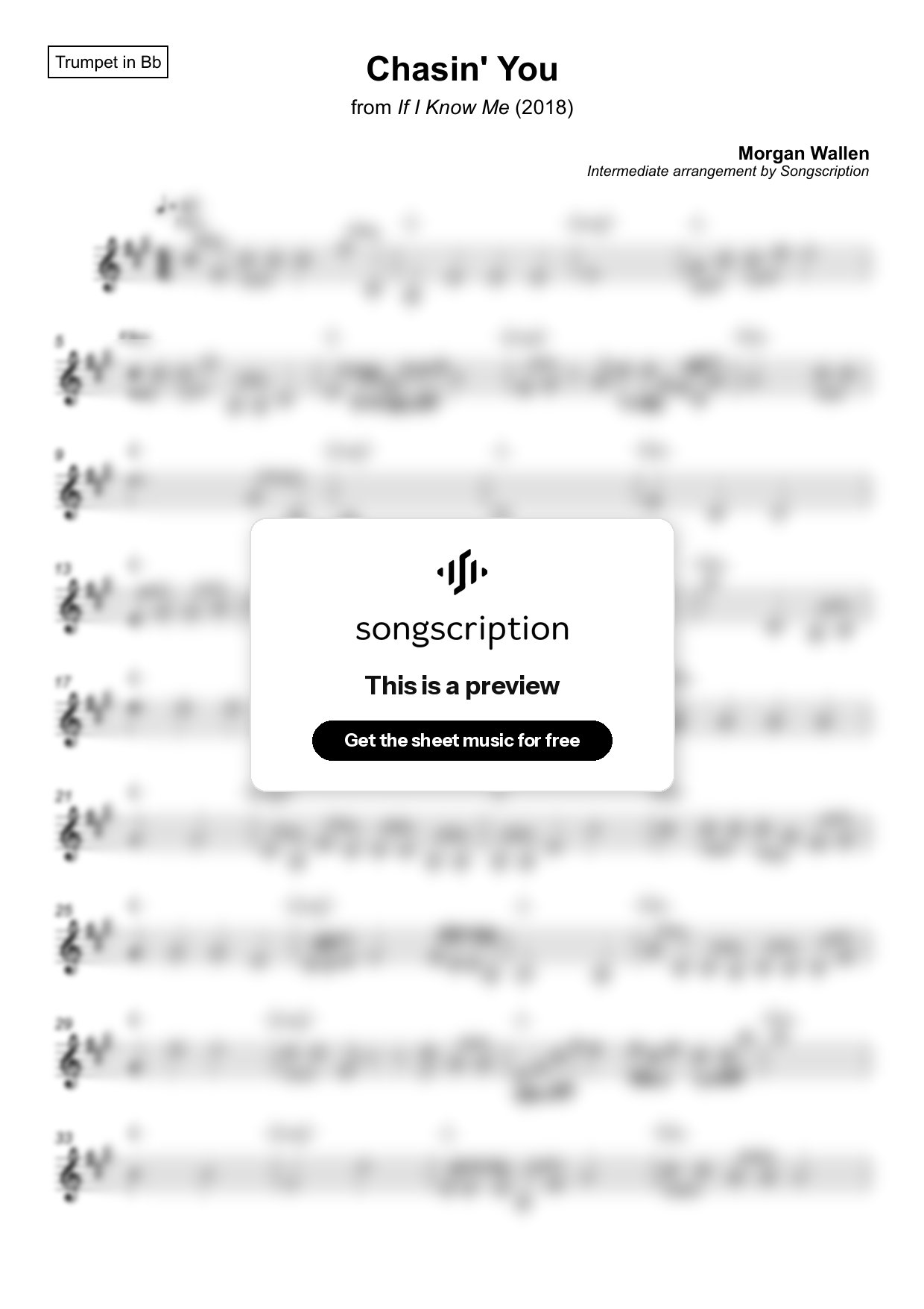 Intermediate Trumpet Sheet Music for "Chasin' You" by Morgan Wallen