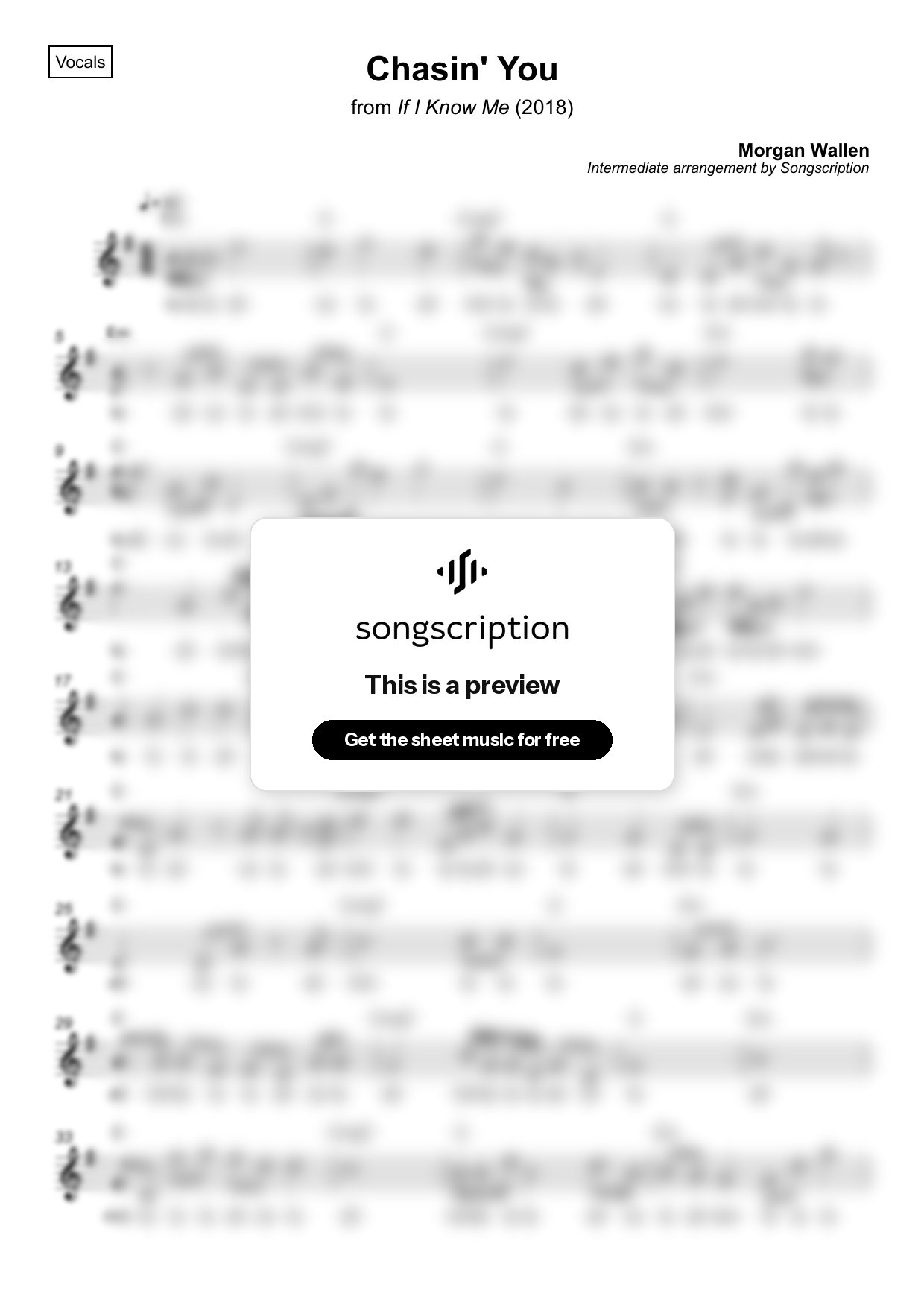 Intermediate Vocals Sheet Music for "Chasin' You" by Morgan Wallen