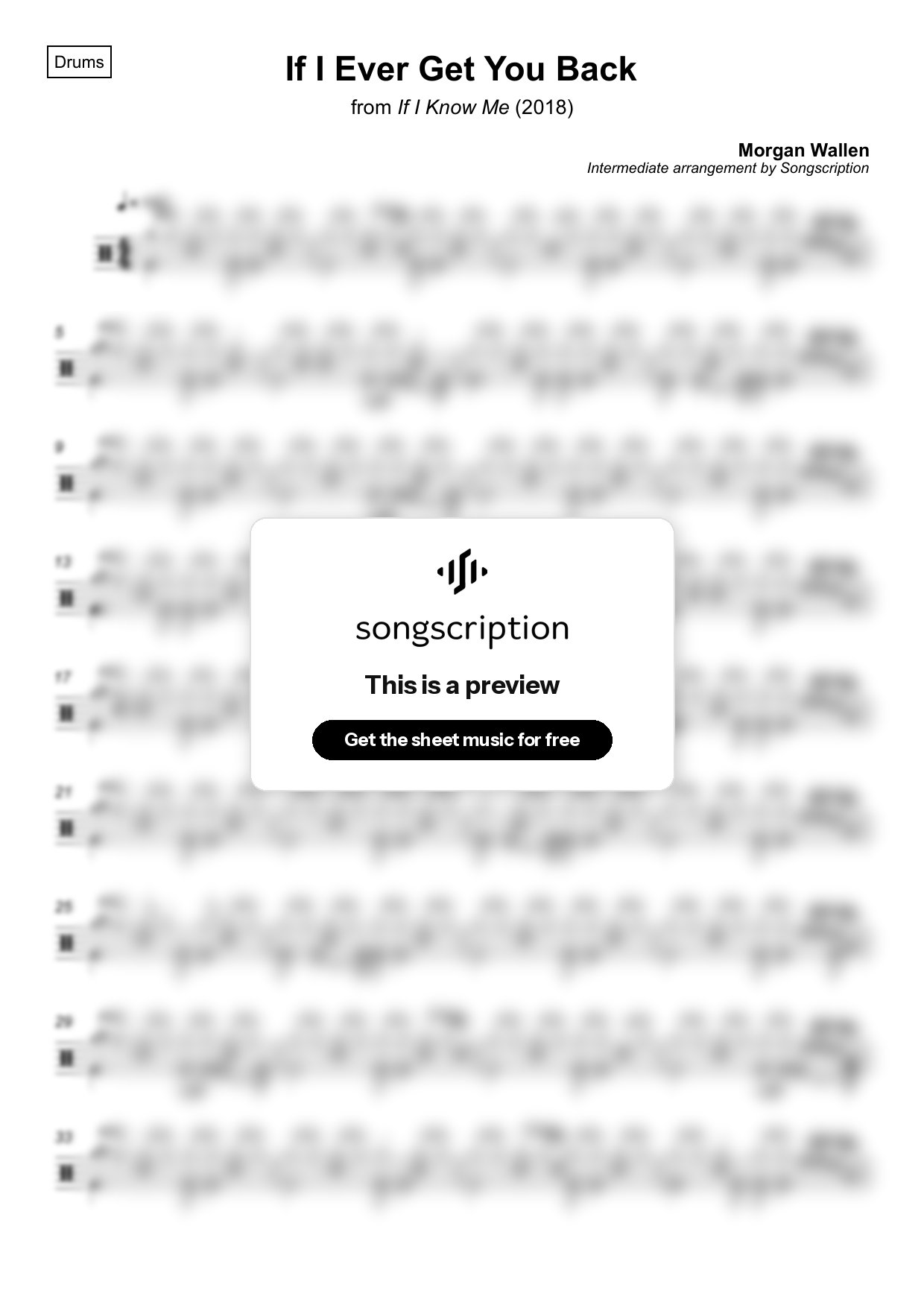 Intermediate Drums Sheet Music for "If I Ever Get You Back" by Morgan Wallen