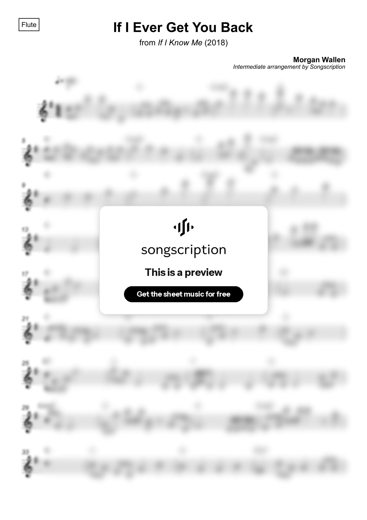 Intermediate Flute Sheet Music for "If I Ever Get You Back" by Morgan Wallen
