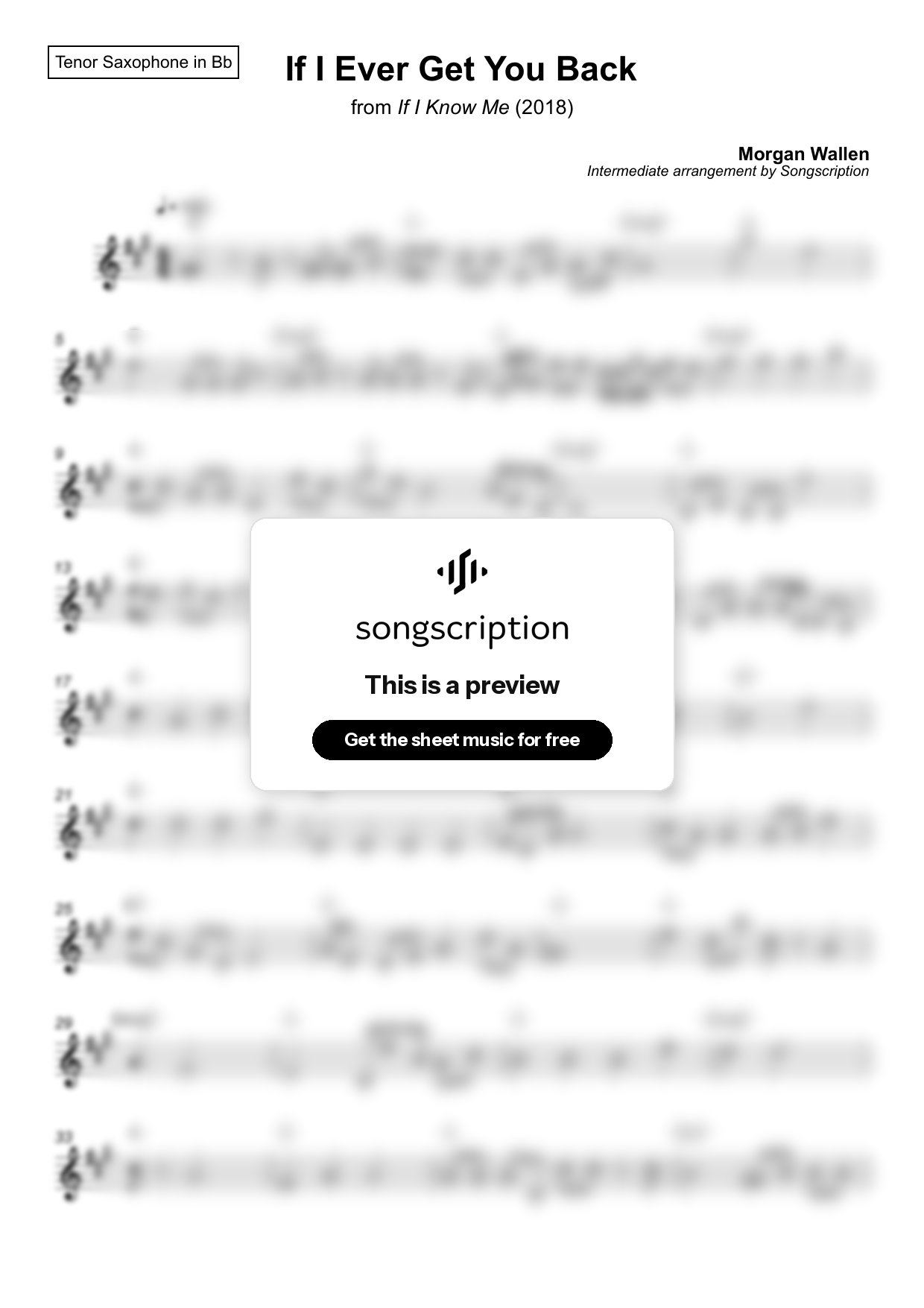 Intermediate Tenor Sax Sheet Music for "If I Ever Get You Back" by Morgan Wallen