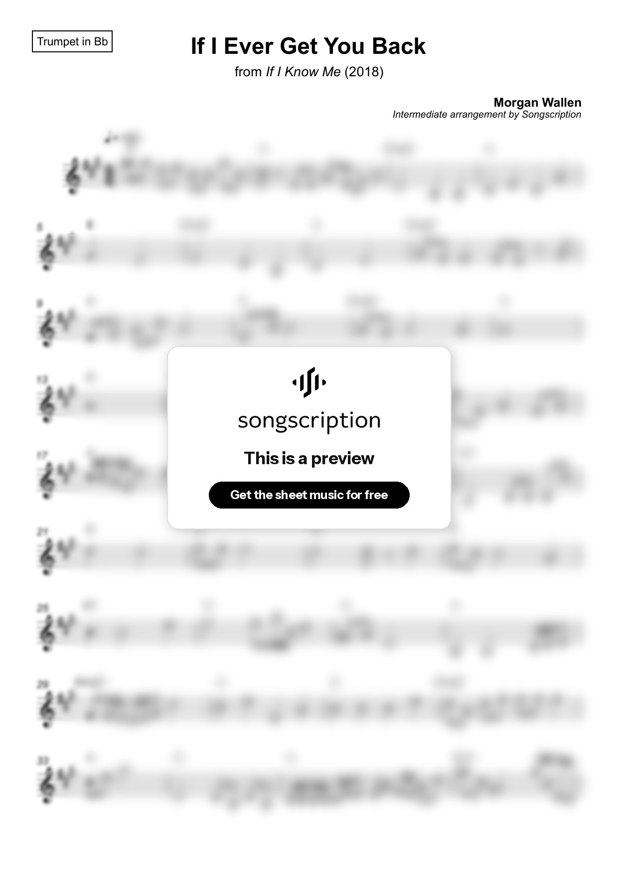 Intermediate Trumpet Sheet Music for "If I Ever Get You Back" by Morgan Wallen