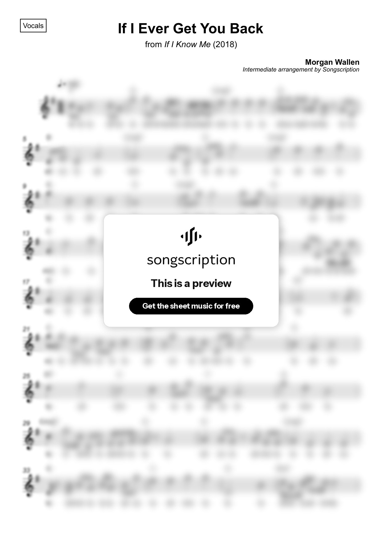 Intermediate Vocals Sheet Music for "If I Ever Get You Back" by Morgan Wallen