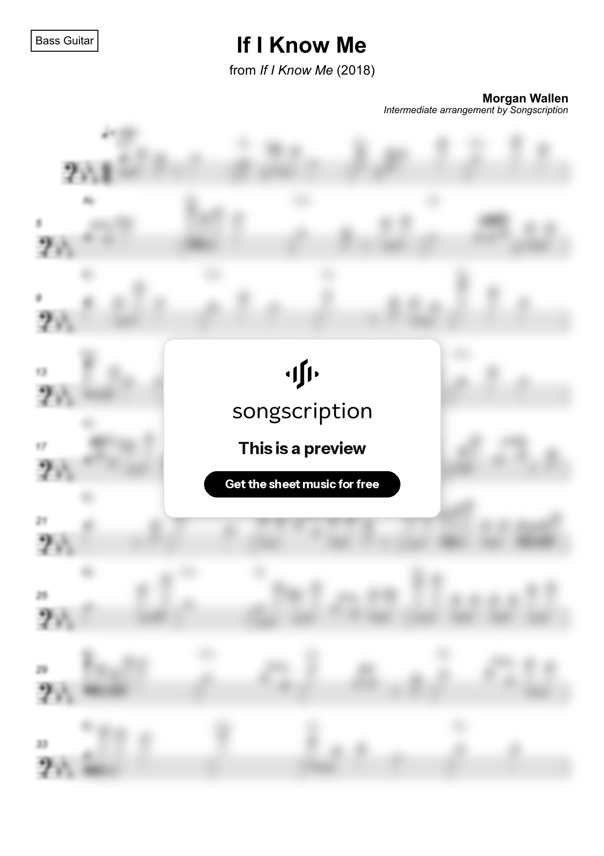 Intermediate Bass Guitar Sheet Music for "If I Know Me" by Morgan Wallen